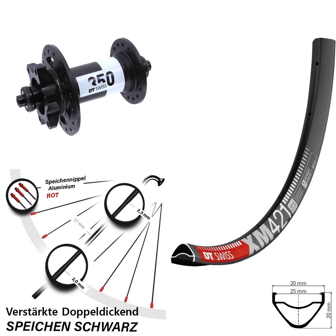 6-Loch Vorderrad für Schnellspanner 27,5 Zoll DT Swiss XM 421-350