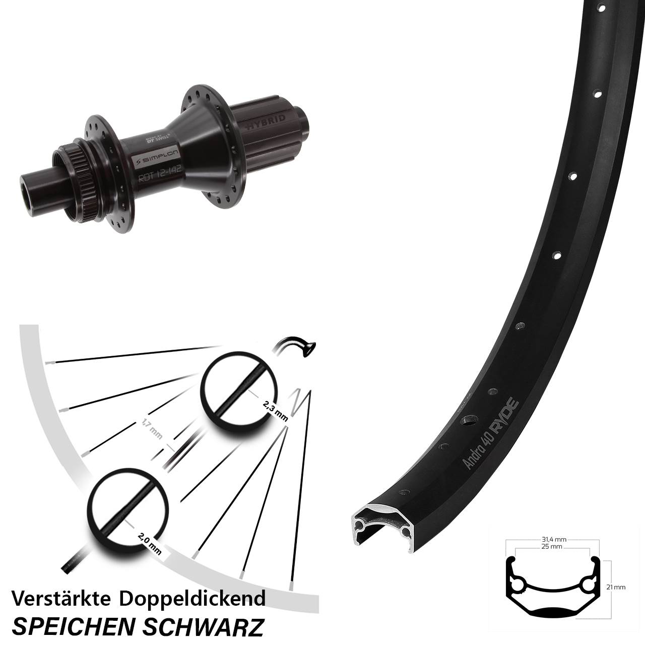 26 Zoll Ryde Andra 40 DT Swiss 370 Hybrid Disc Hinterrad 12x142 8-11 fach HG