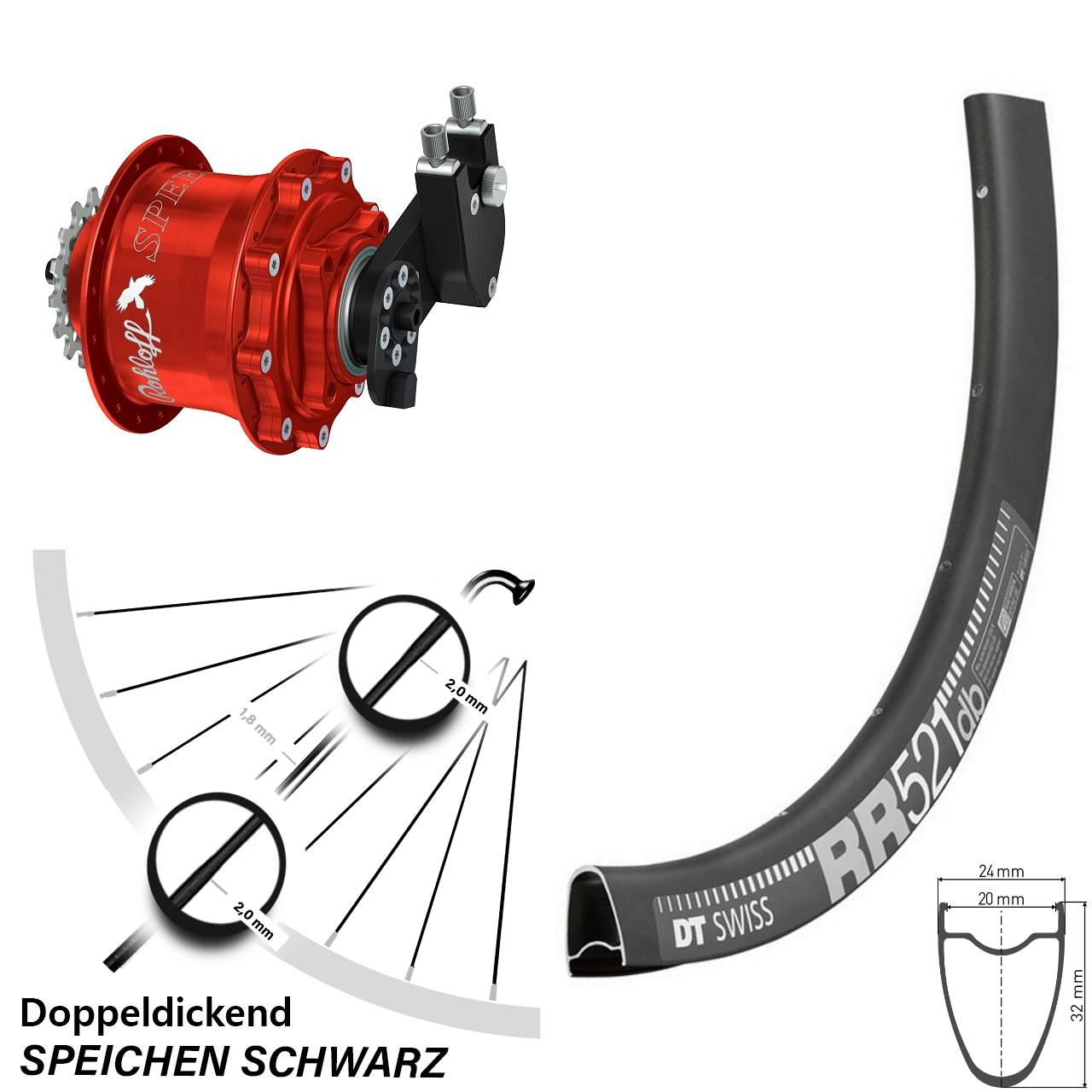 Hinterrad 28 Zoll DT Swiss RR 521 Disc Rohloff Speedhub 500/14 CC DB OEM Tandem rot