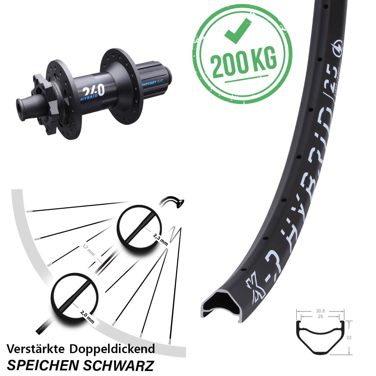 KX-R Hybrid 25 DT Swiss 240 26 Zoll Heavy Duty Hinterrad 12x148 Boost 6-Loch 8-11 fach