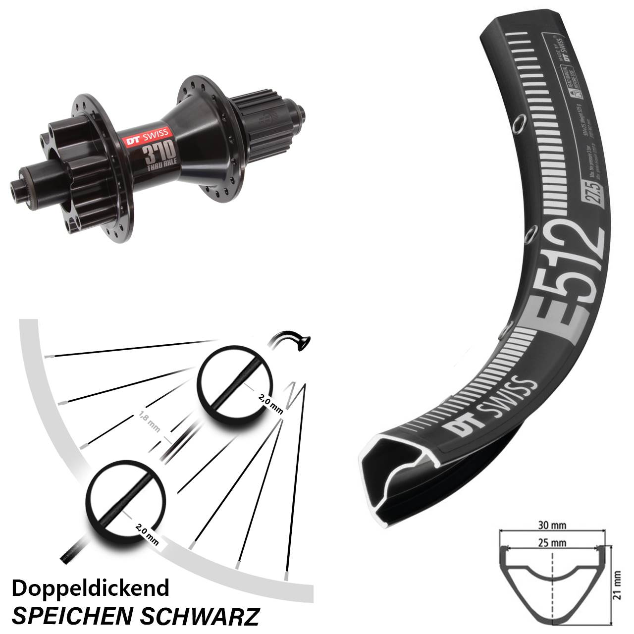 Hinterrad 27,5 Zoll DT Swiss E 512-370 Hybrid 6-Loch Micro Spline QR