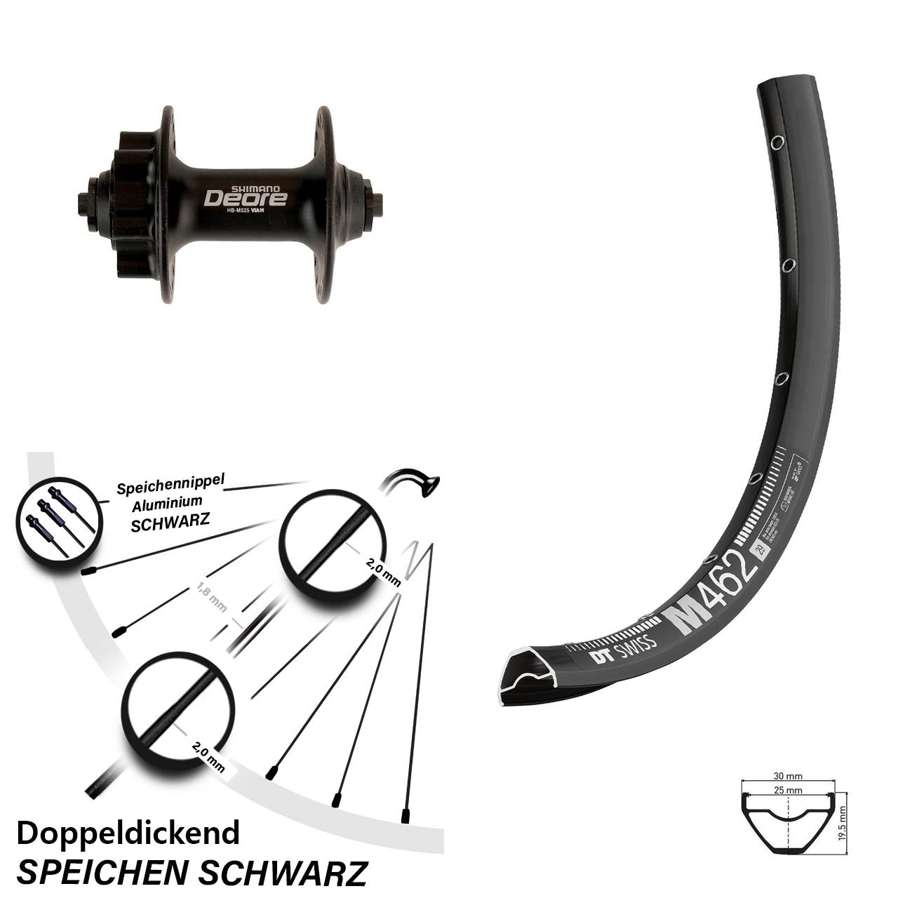 DT Swiss M 462 Shimano Deore HB-M525 27,5 Zoll Disc Laufrad für Schnellspanner