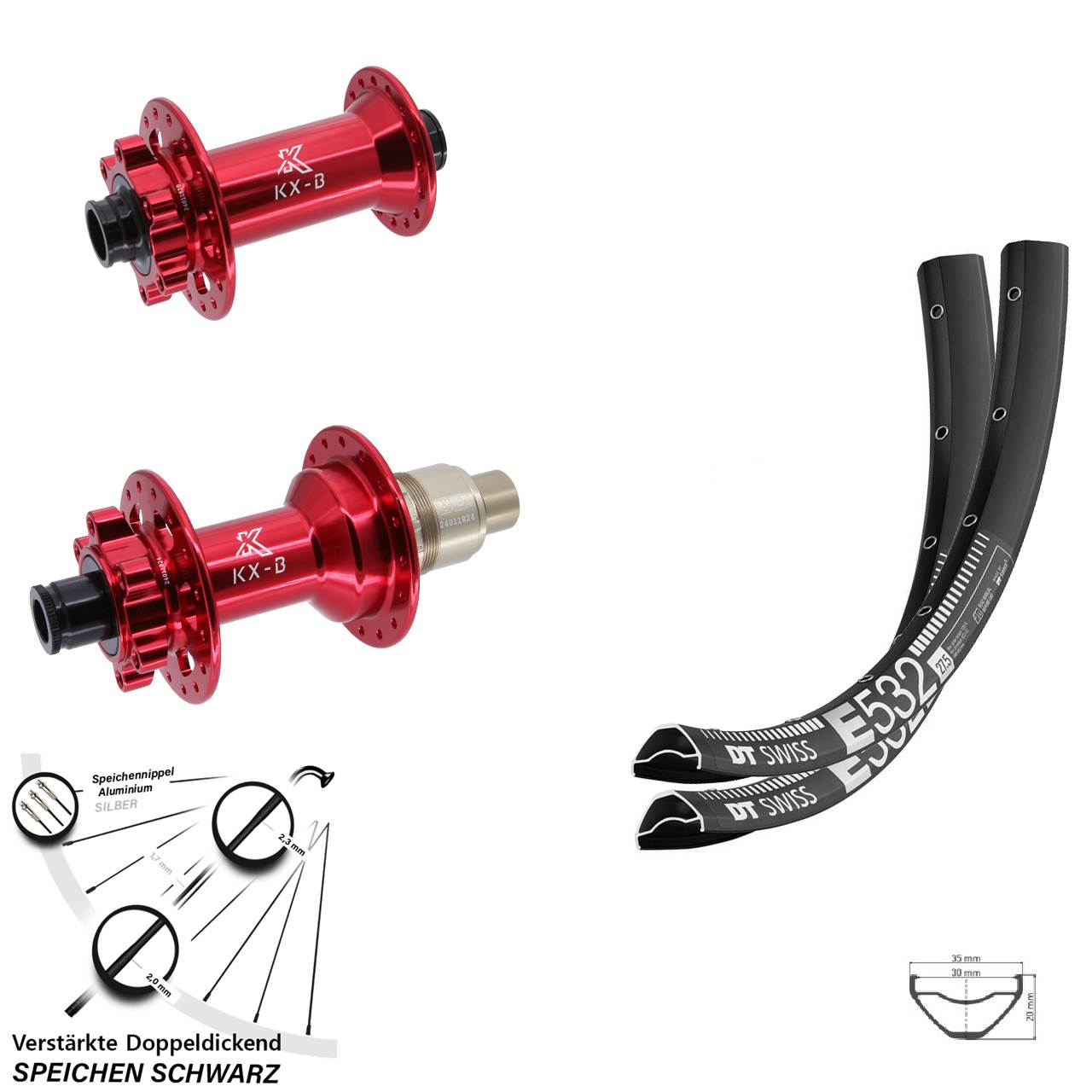 6-Loch Laufradsatz 29 Zoll DT Swiss E532 KX-B rot XD 11-12 fach 15x110 12x148