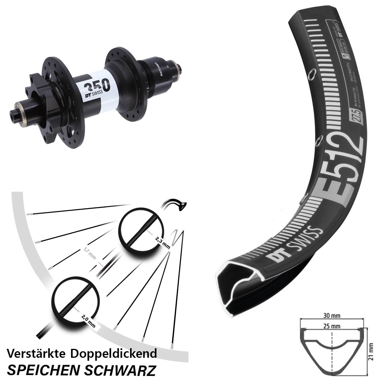 DT Swiss E512-350 27,5 Zoll 6-Loch Hinterrad für Schnellsp. SRAM XD