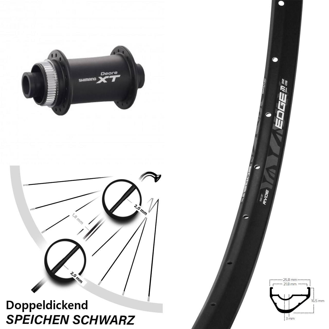 Vorderrad Ryde Edge M22 OS mit Shimano Deore XT HB-M778 Nabe 29 Zoll