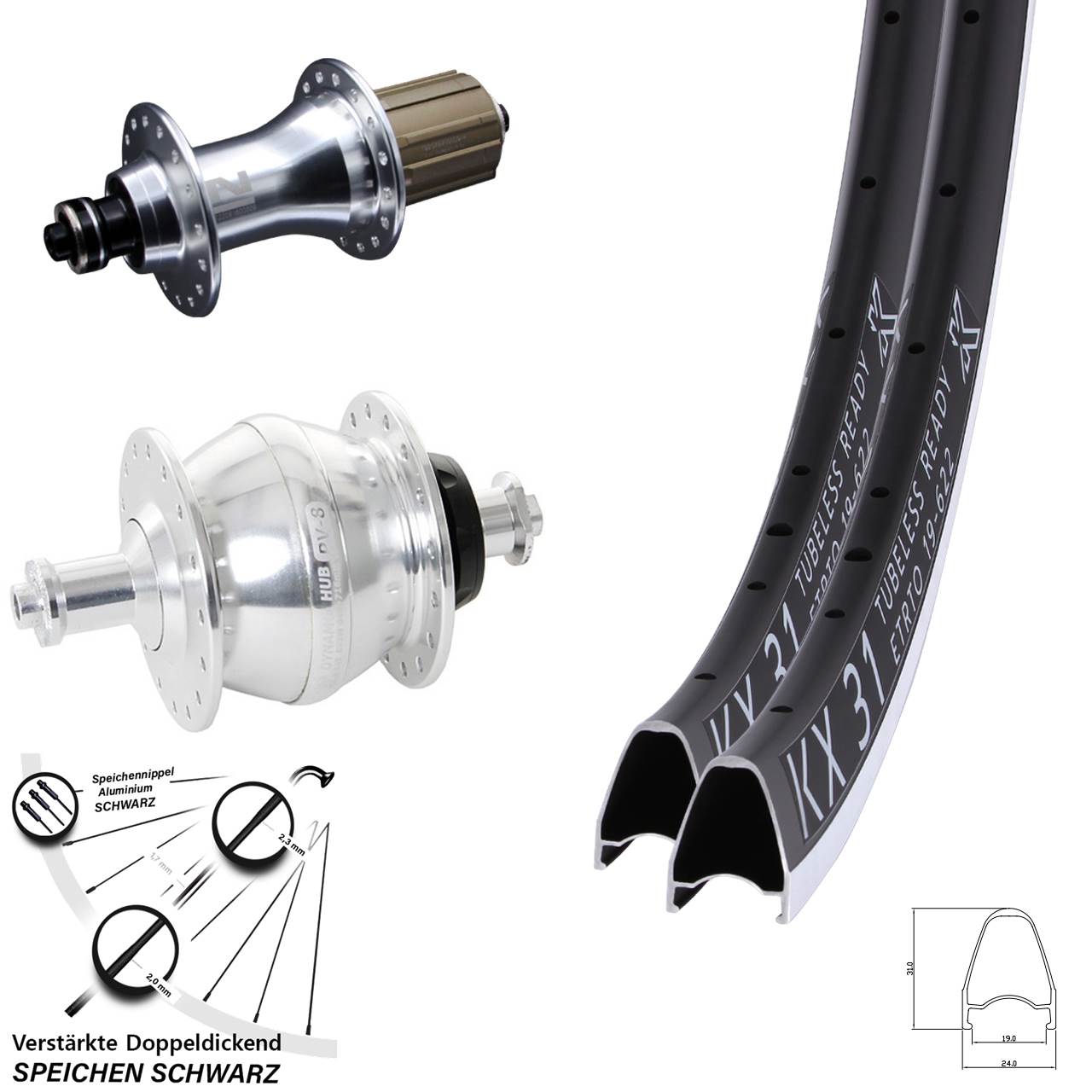 Laufradsatz für Schnellspanner 28 Zoll KX 31 Novatec F162 Shutter PV-8 8-12 fach