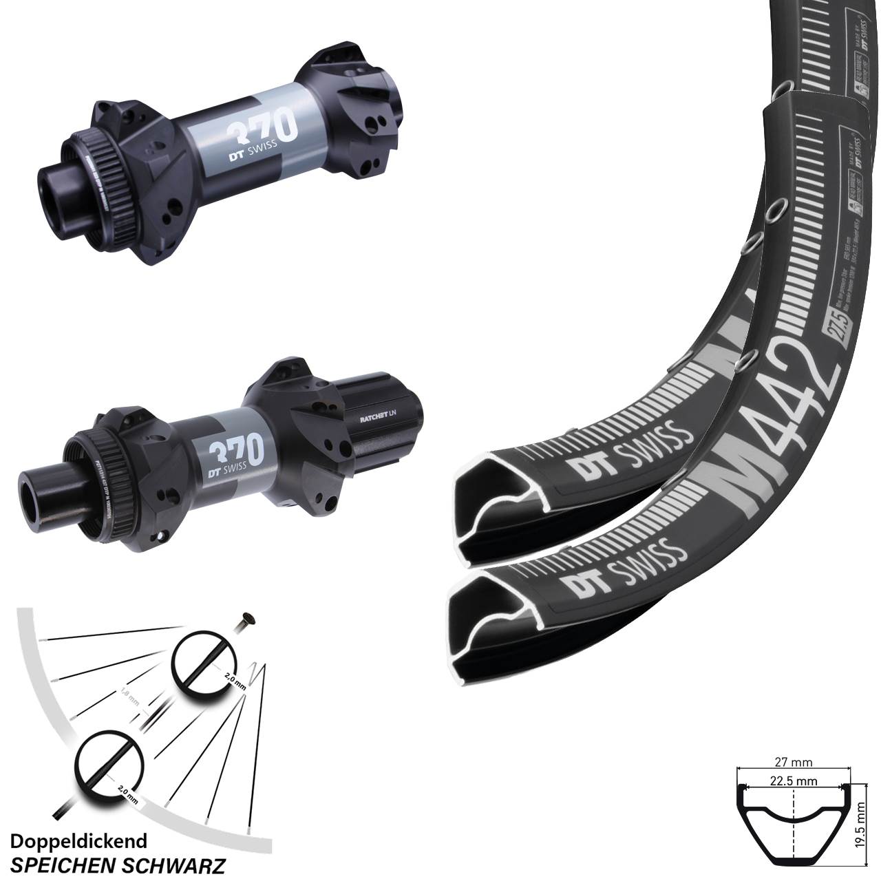 DT Swiss M 442 370 Straightpull 29 Zoll Laufradsatz Centerlock 15x110 12x148 8-11 fach