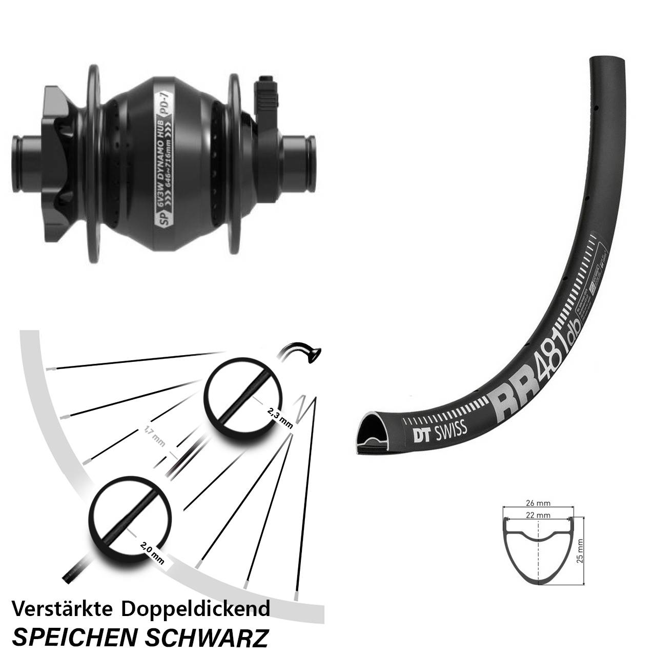 Nabendynamovorderrad 6-Loch 12x100 28 Zoll DT Swiss RR 481 Shutter PD-7