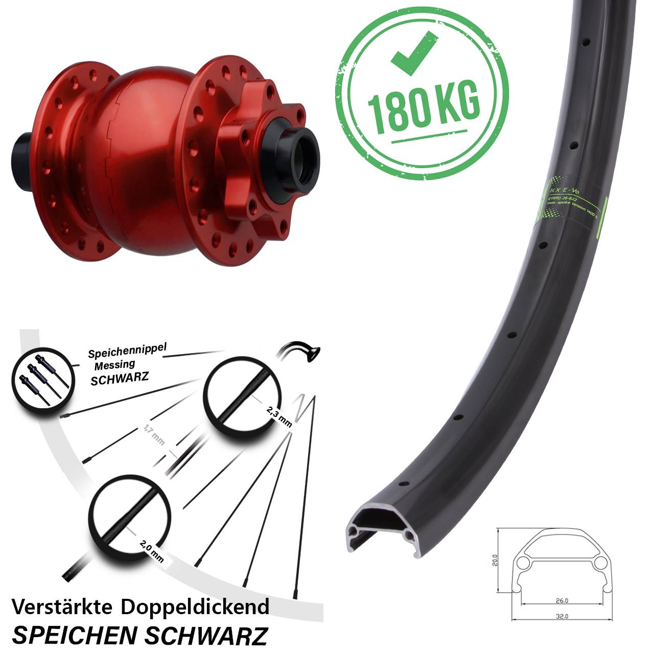 KX Evo SON 28 rot 27,5 Zoll Vorderrad mit Nabendynamo 15x110 Boost 6-Loch