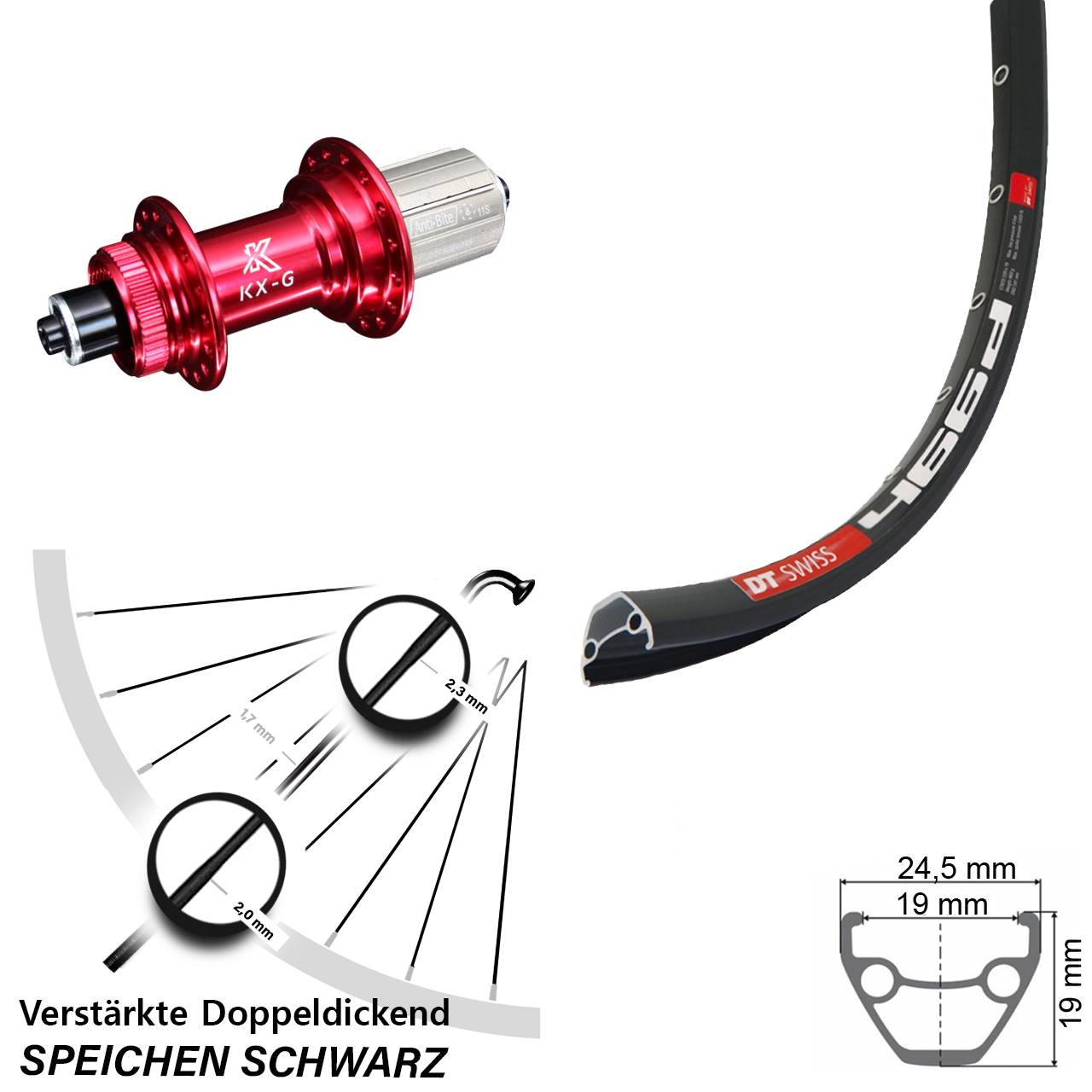 DT Swiss 466d KX-G rot 28 Zoll Disc Laufrad QR 8-12 fach