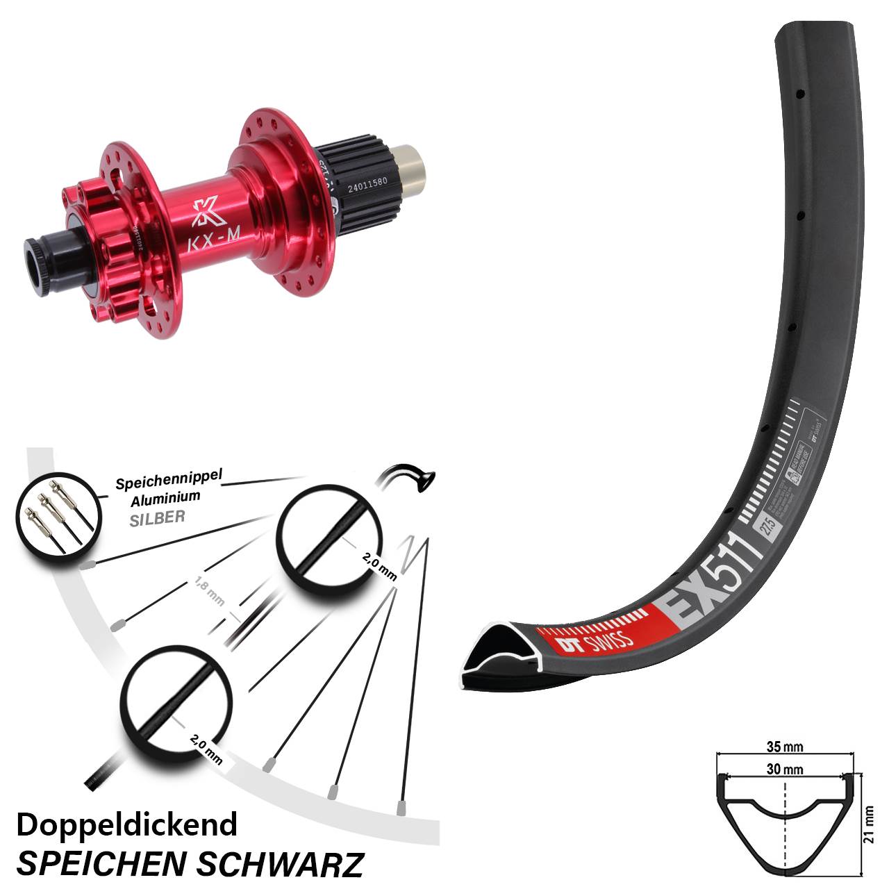 DT Swiss EX 511 27,5 Zoll Hinterrad KX-M rot Micro Spline 12x142