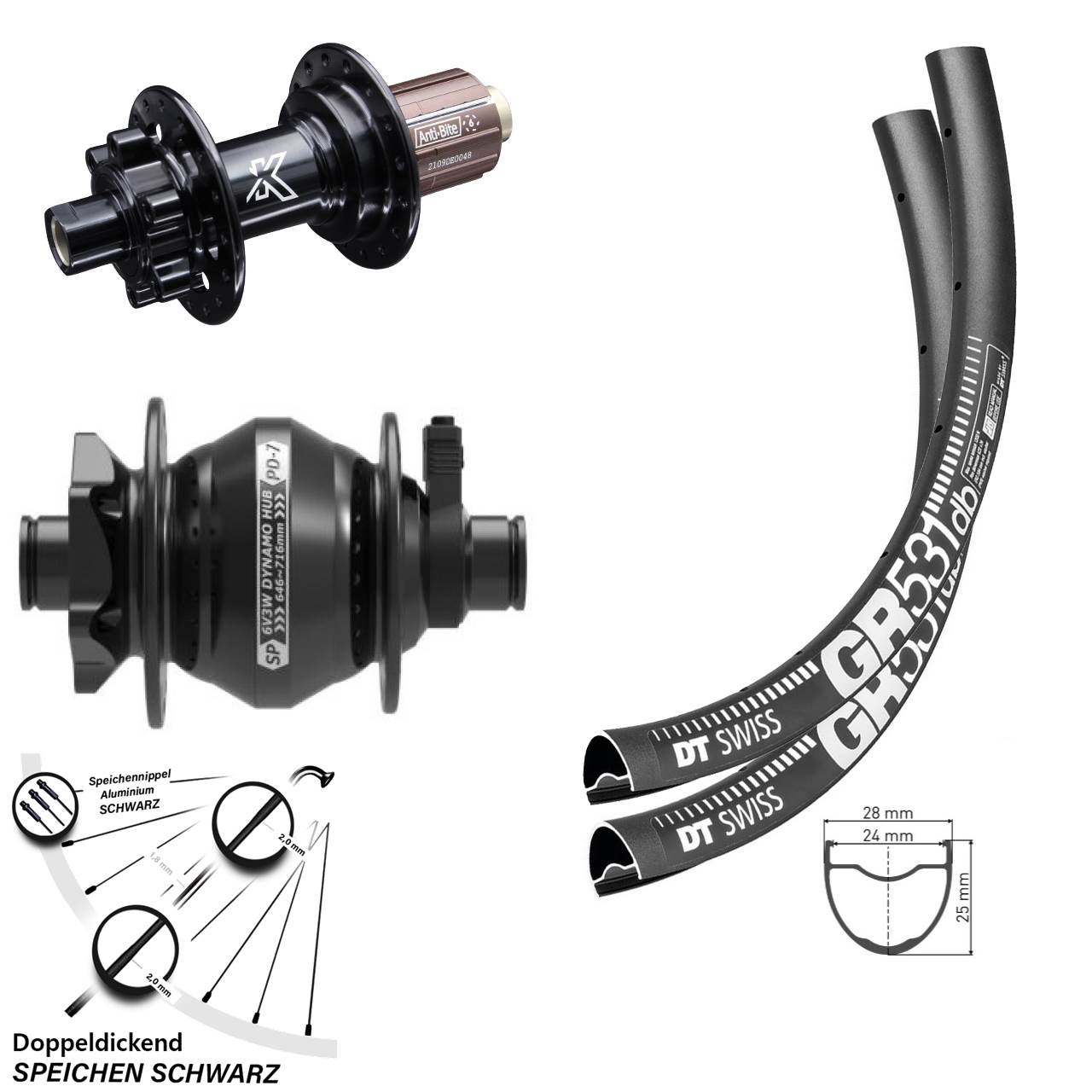 Laufradsatz 29 Zoll DT Swiss GR531 KX-M Shimano Anti-Bite Shutter PD-7 8-12 fach HG
