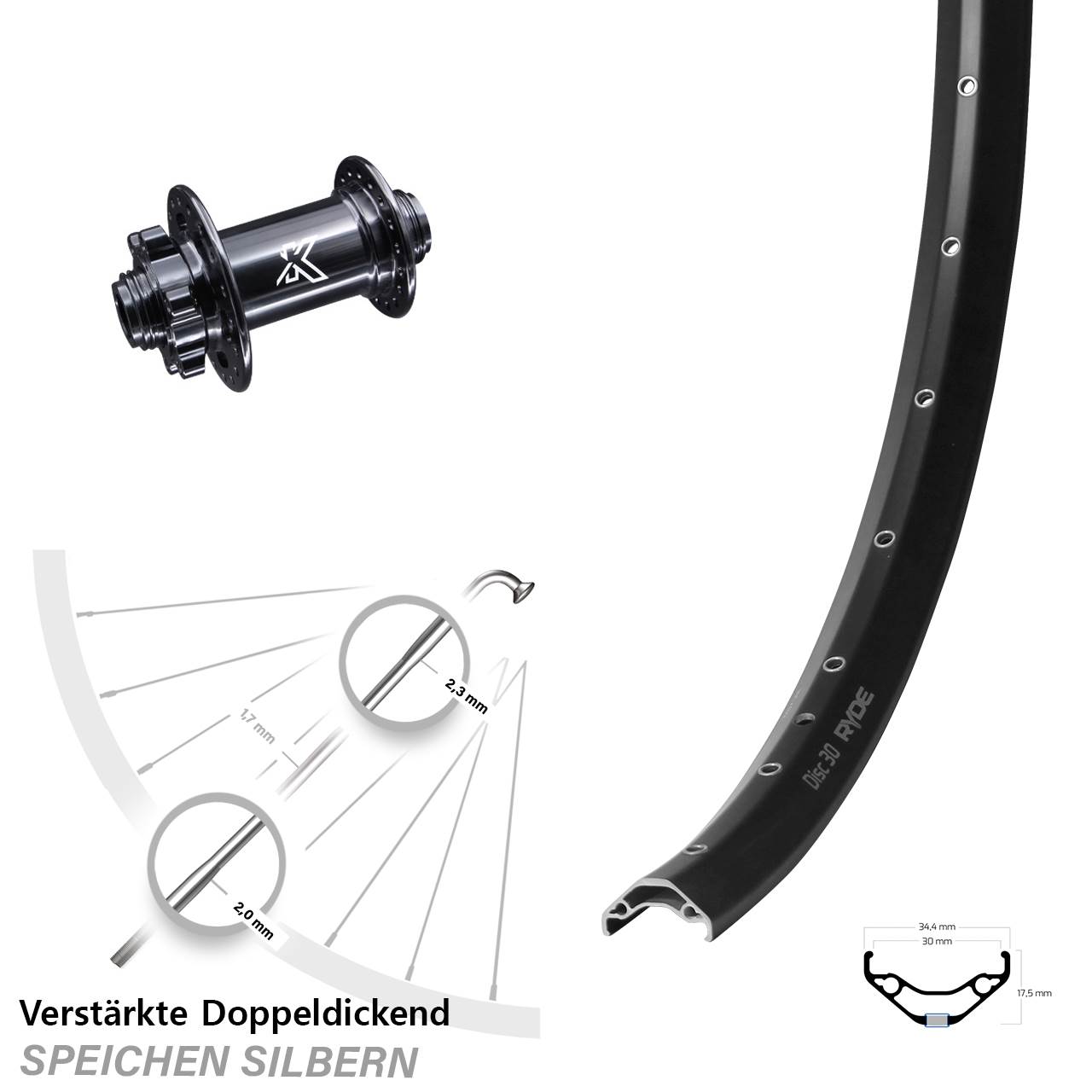 Vorderrad 6-Loch 15x100 29 Zoll Ryde Disc 30 KX-M