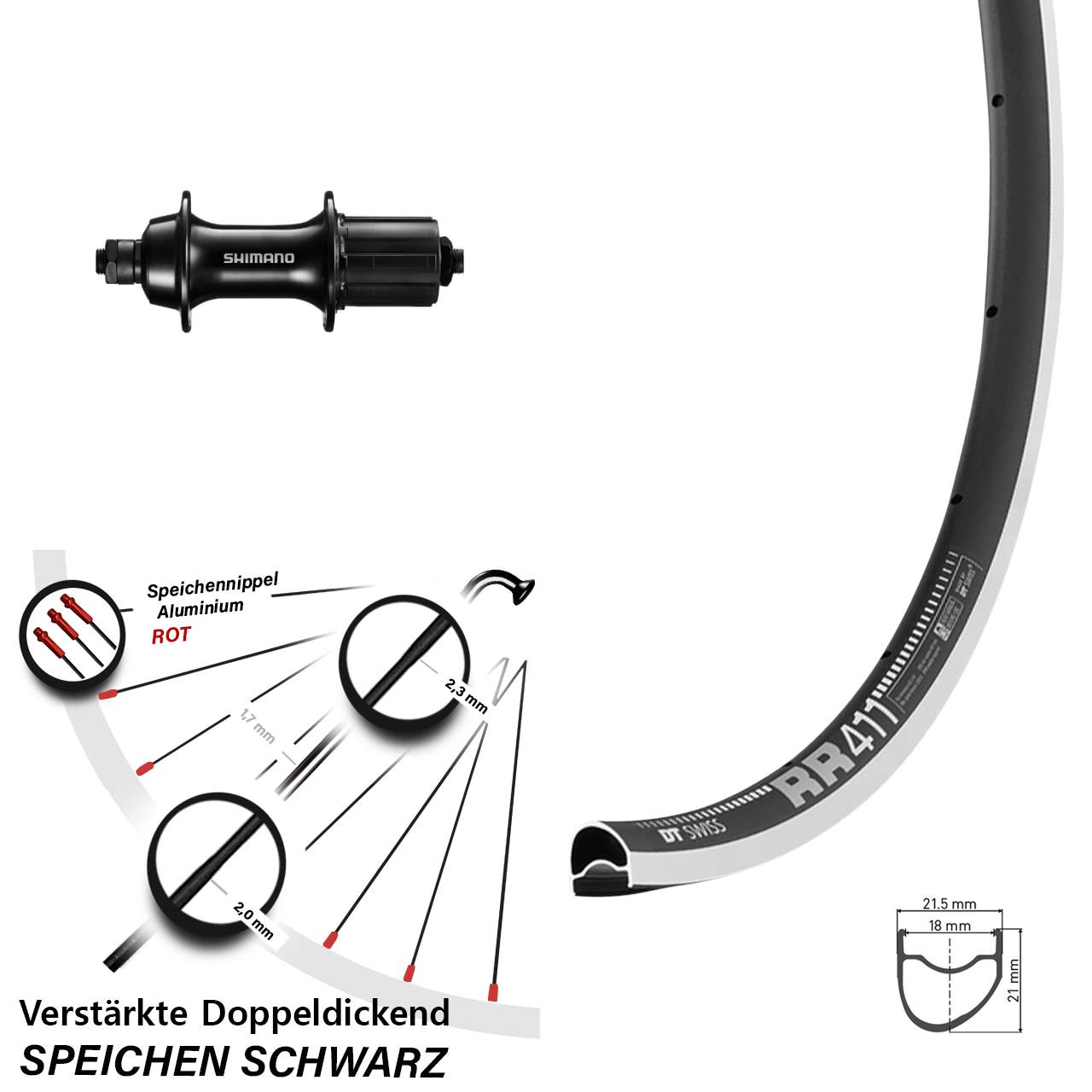 28 Zoll DT Swiss RR 411 OS Shimano Sora FH-RS300 Hinterrad für Schnellspanner 8-11 fach