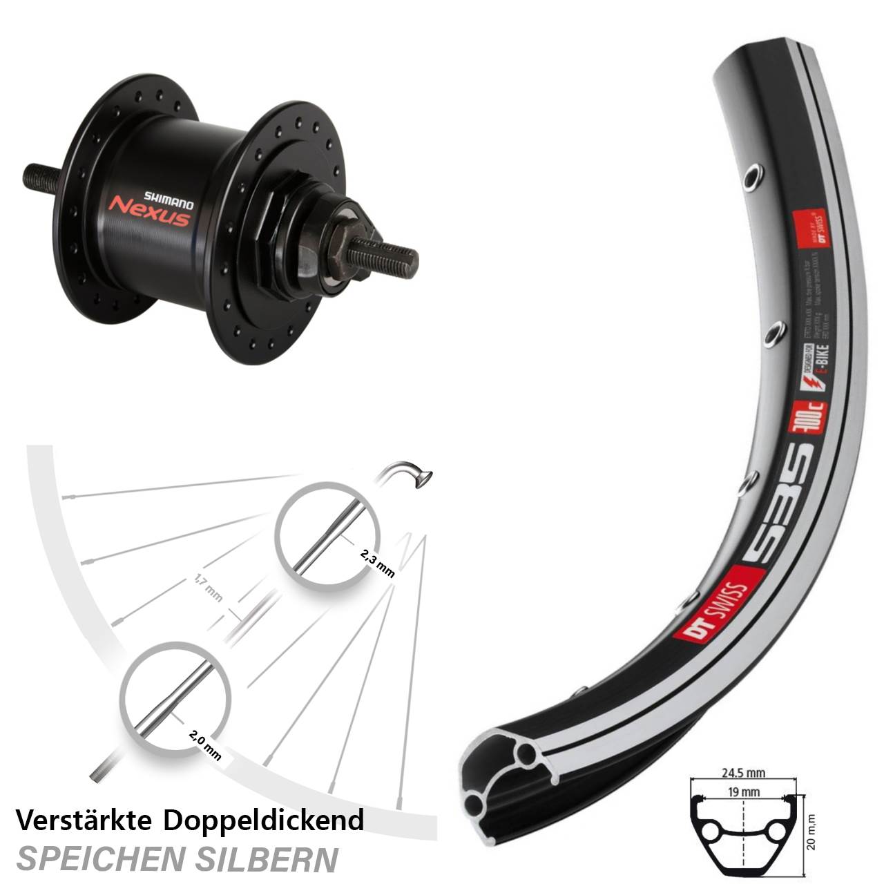 DT Swiss 535 Shimano DH-C3000-1N 26 Zoll Vorderrad mit Nabendynamo