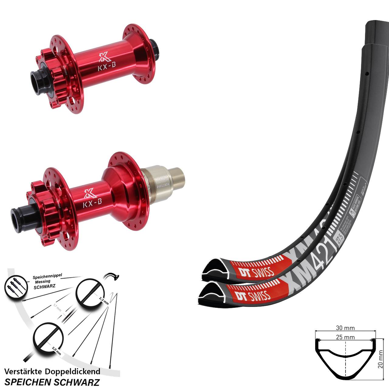 27,5 Zoll DT Swiss XM421 KX-B rot 6-Loch Laufradsatz 15x110 12x148 XD 11-12 fach