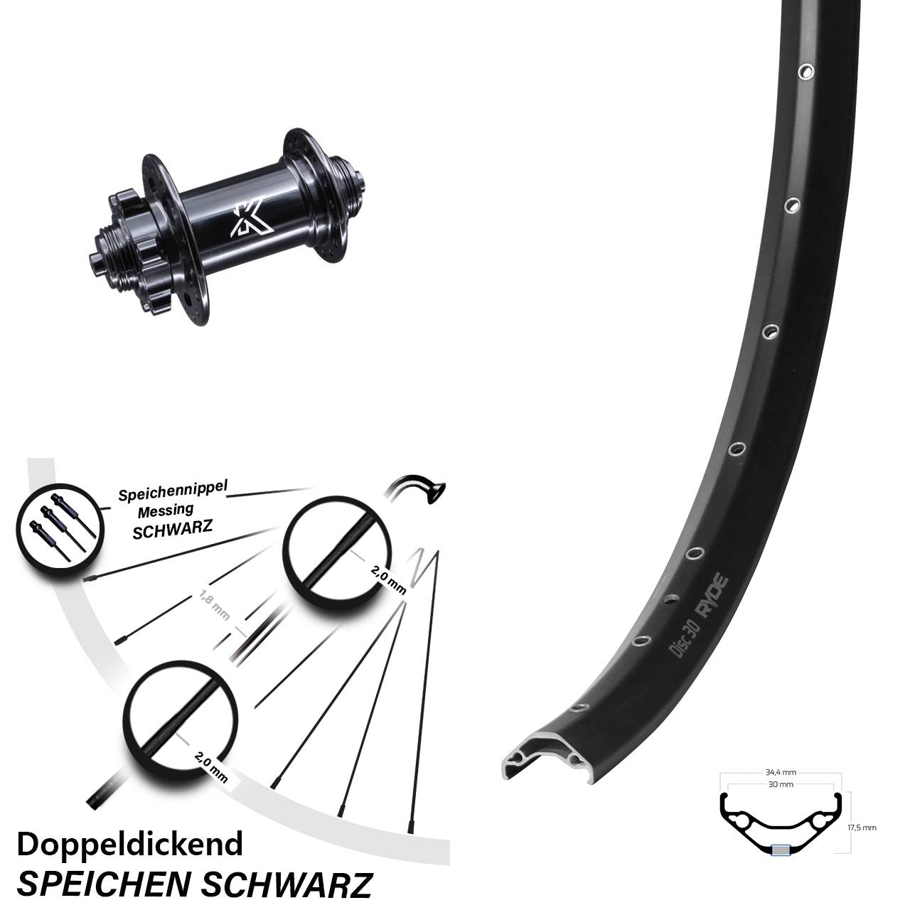Vorderrad 6-Loch 29 Zoll Ryde Disc 30 KX-M für Schnellspanner