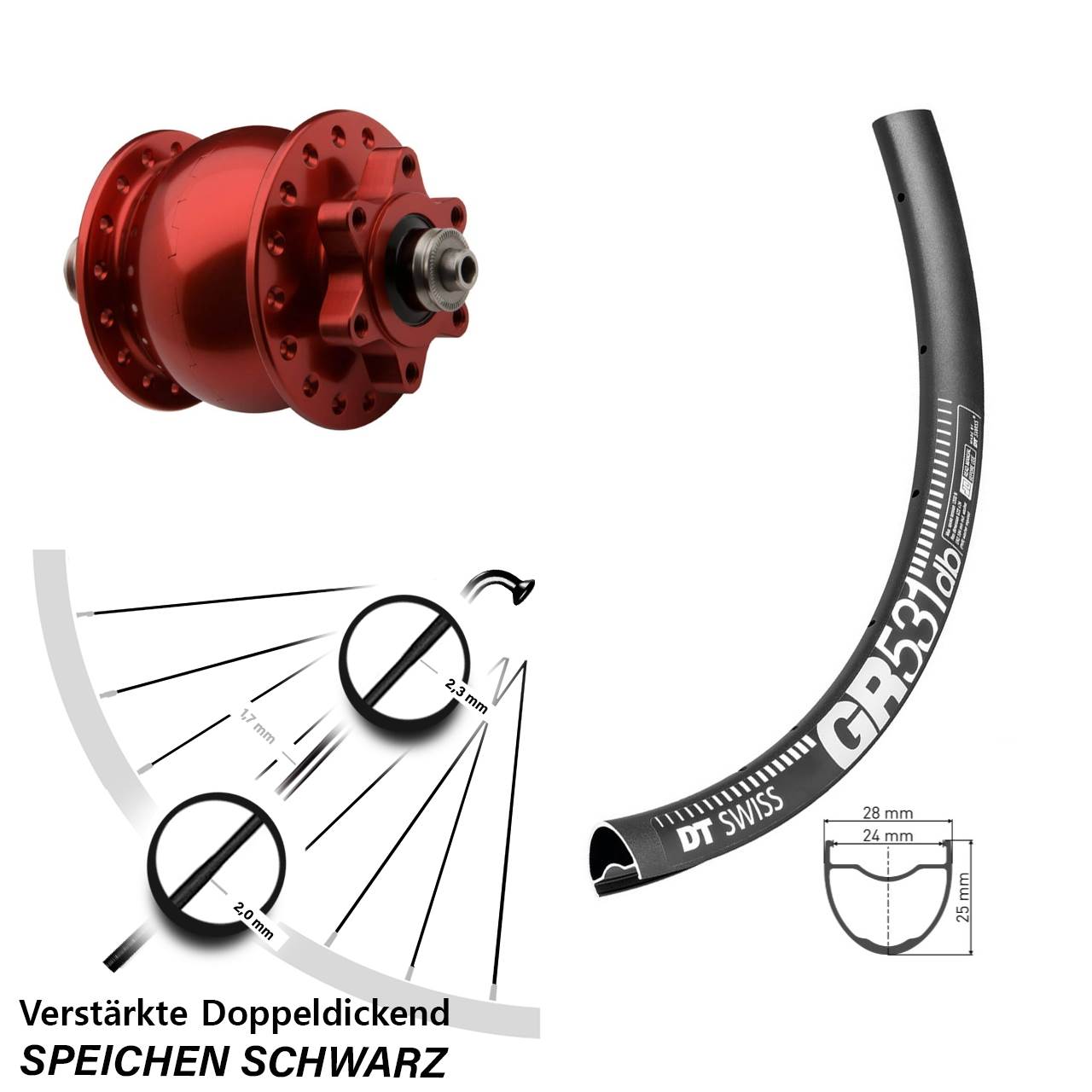 SON 28 rot DT Swiss GR 531 27,5 Zoll Vorderrad mit Nabendynamo 6-Loch QR