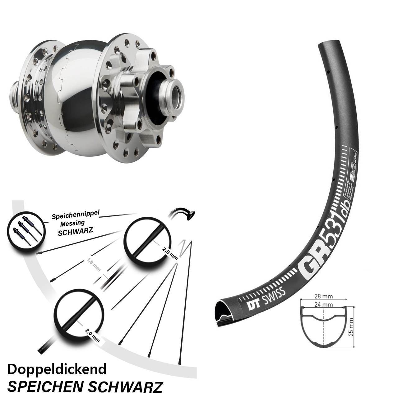 Disc Nabendynamolaufrad 12x100 27,5 Zoll DT Swiss GR531 SON 28 poliert