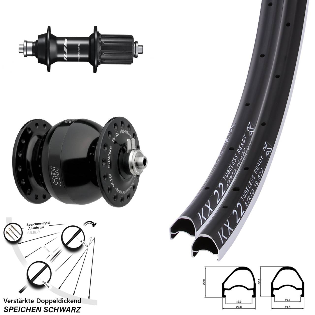 Laufradsatz 28 Zoll KX 22 OS Shimano 105 SON delux wide body 8-12 fach HG QR