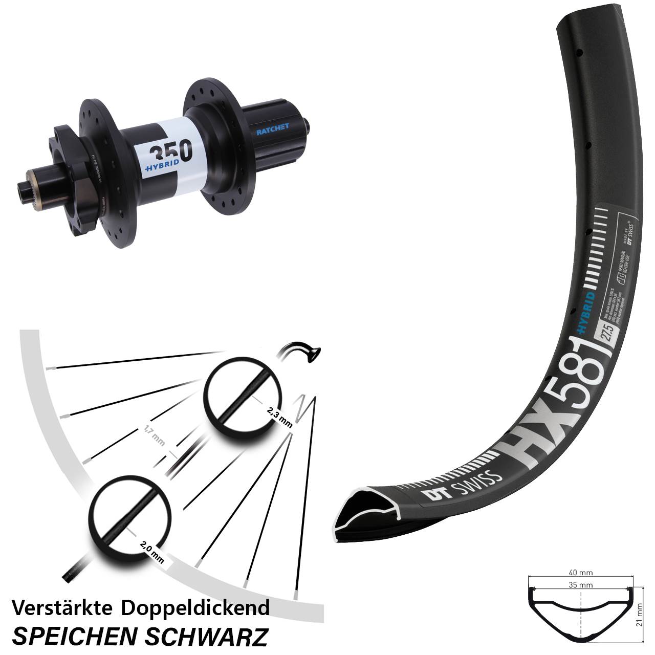 DT Swiss HX 581-350 Hybrid 27,5 Zoll Laufrad QR Boost 8-11 fach HG