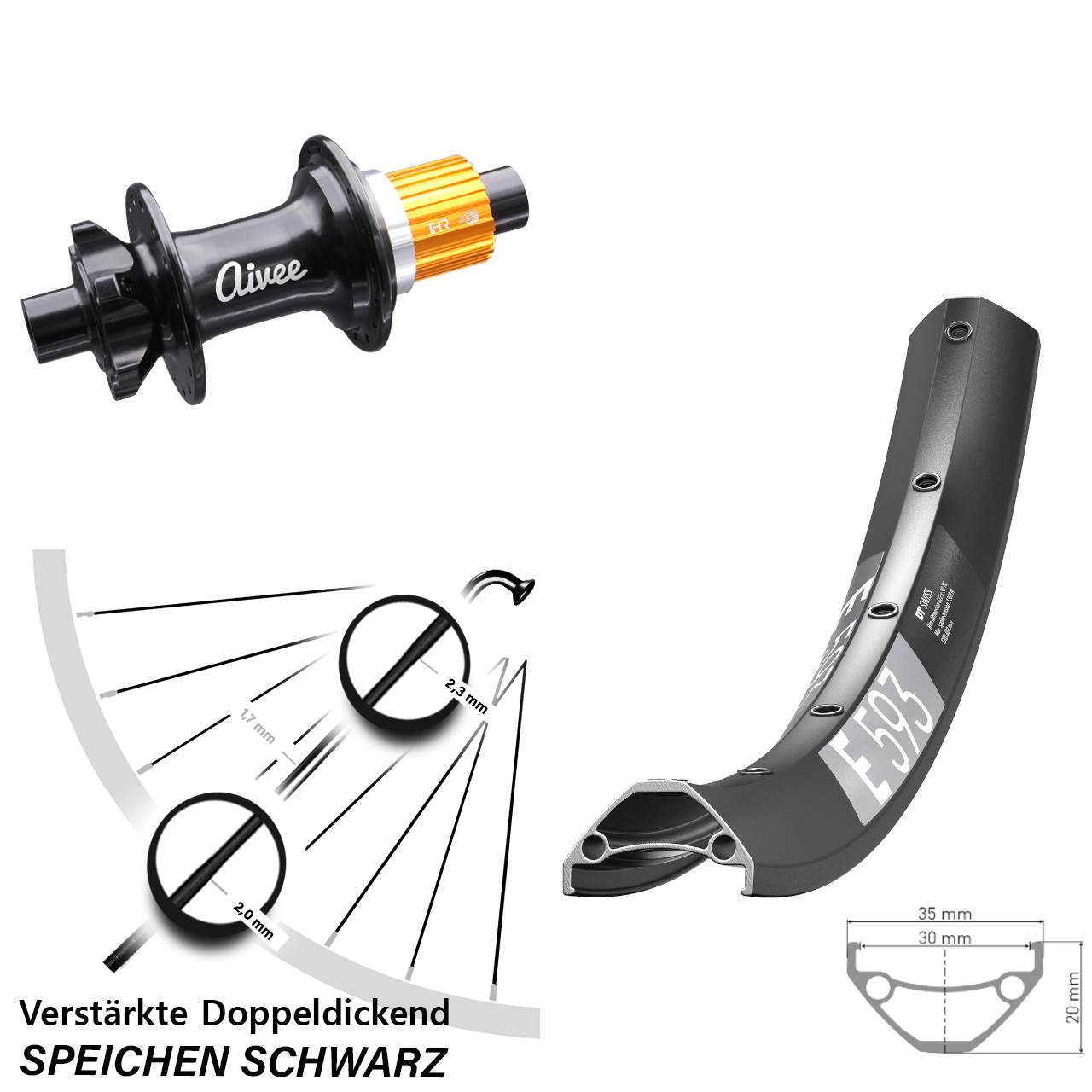 DT Swiss E 593 Aivee 29 Zoll Hinterrad 6-Loch 12x148 Micro Spline
