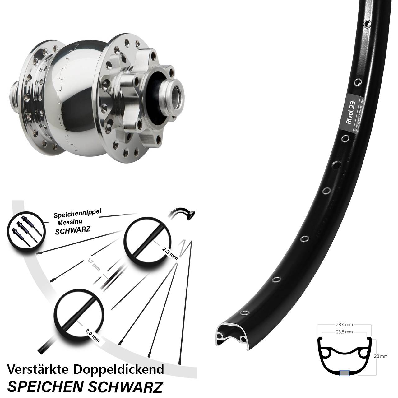 Disc Vorderrad mit Nabendynamo 27,5 Zoll Ryde Rival 23 SON 28 poliert 12x100