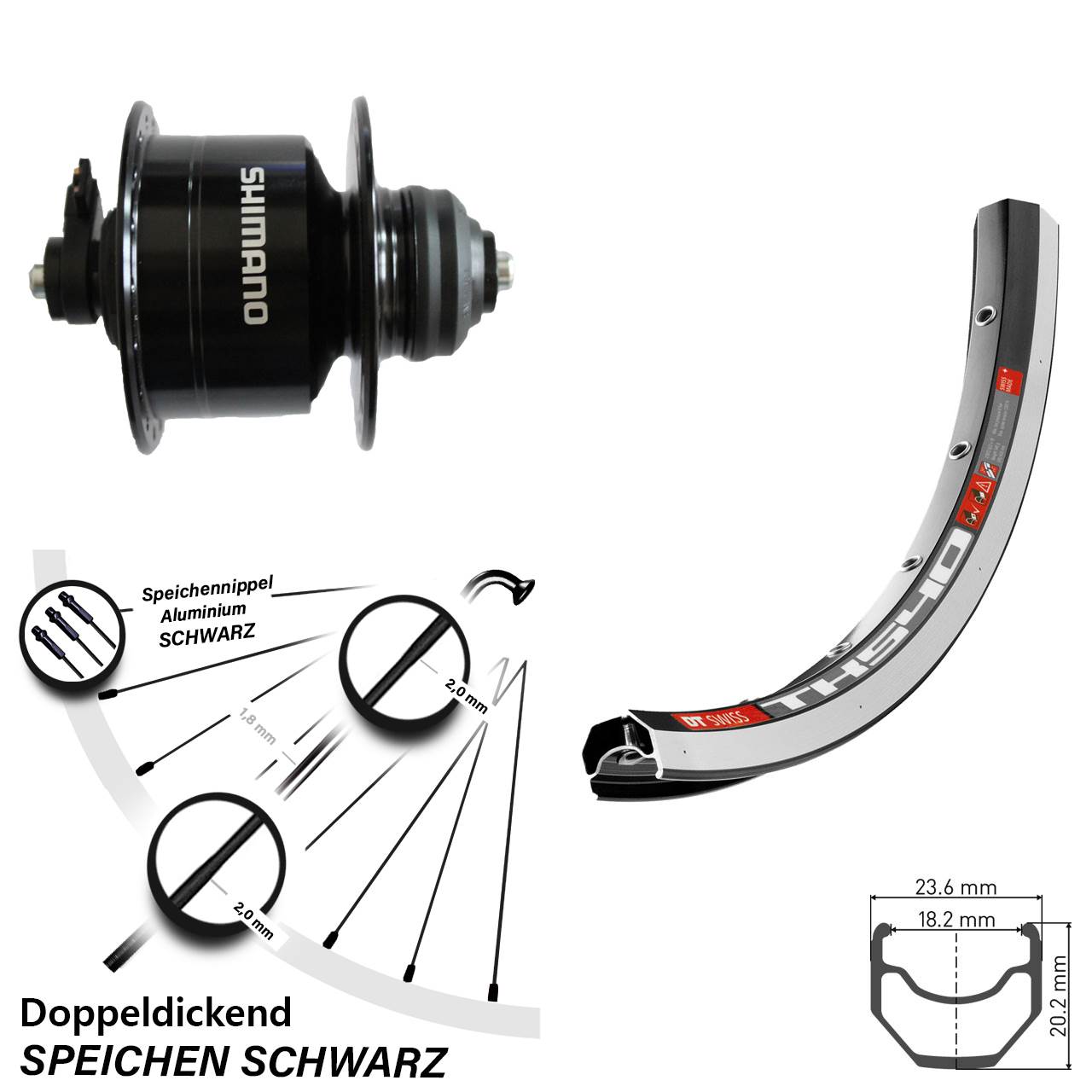 Nabendynamovorderrad QR 28 Zoll DT Swiss TK540 Shimano DH-3D72