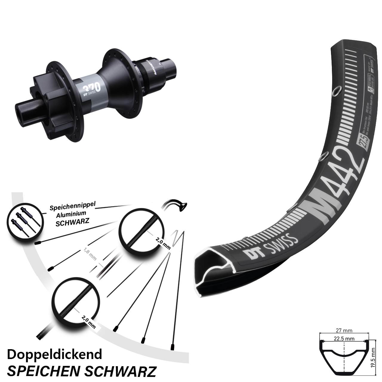 Hinterrad 29 Zoll M 442 DT Swiss 370 Steckachse 12x142 mm Sram XD 6-loch