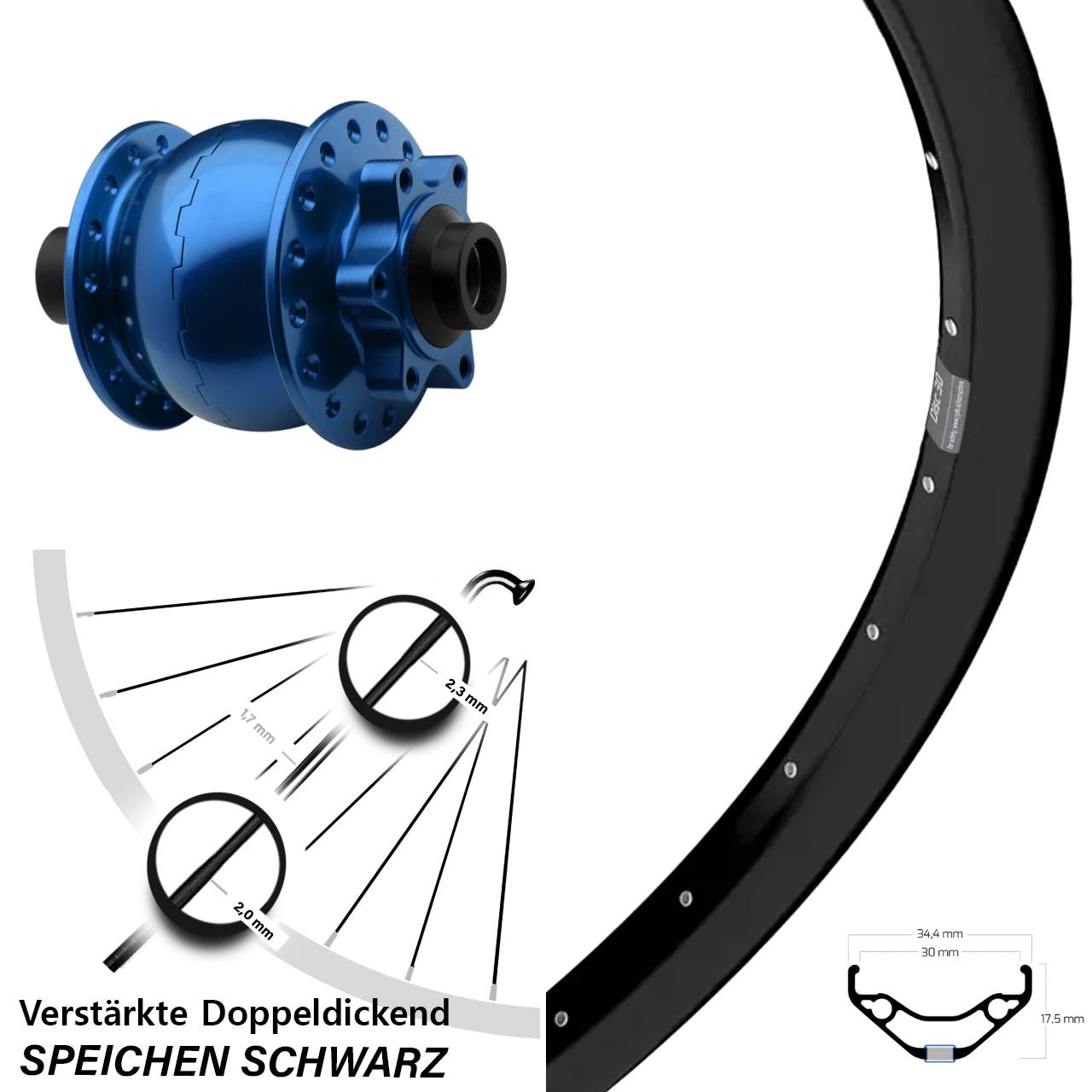 6-Loch Dynamo-Vorderrad 29 Zoll Ryde Disc 30 SON 28 blau 15x100