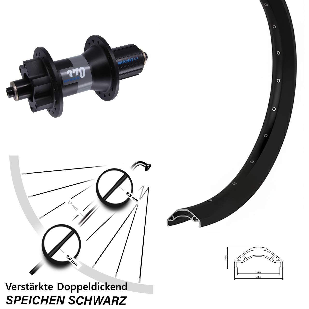 6-Loch Hinterrad 29 Zoll Ryde Disc 35 DT Swiss 370 Hybrid 8-11 fach QR Boost