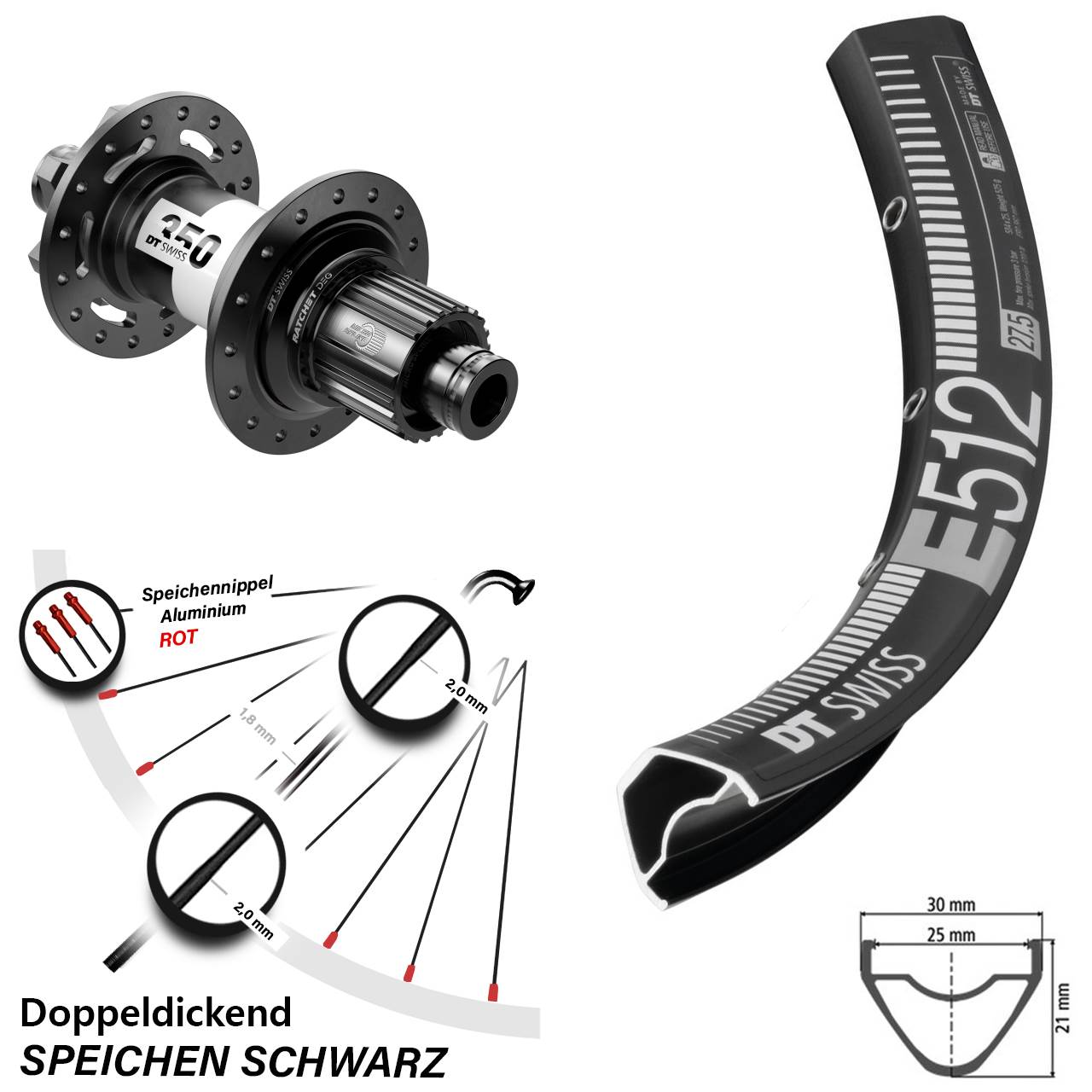 DT Swiss E 512-350 DEG72 27,5 Zoll Hinterrad 6-Loch 12x148 Micro Spline