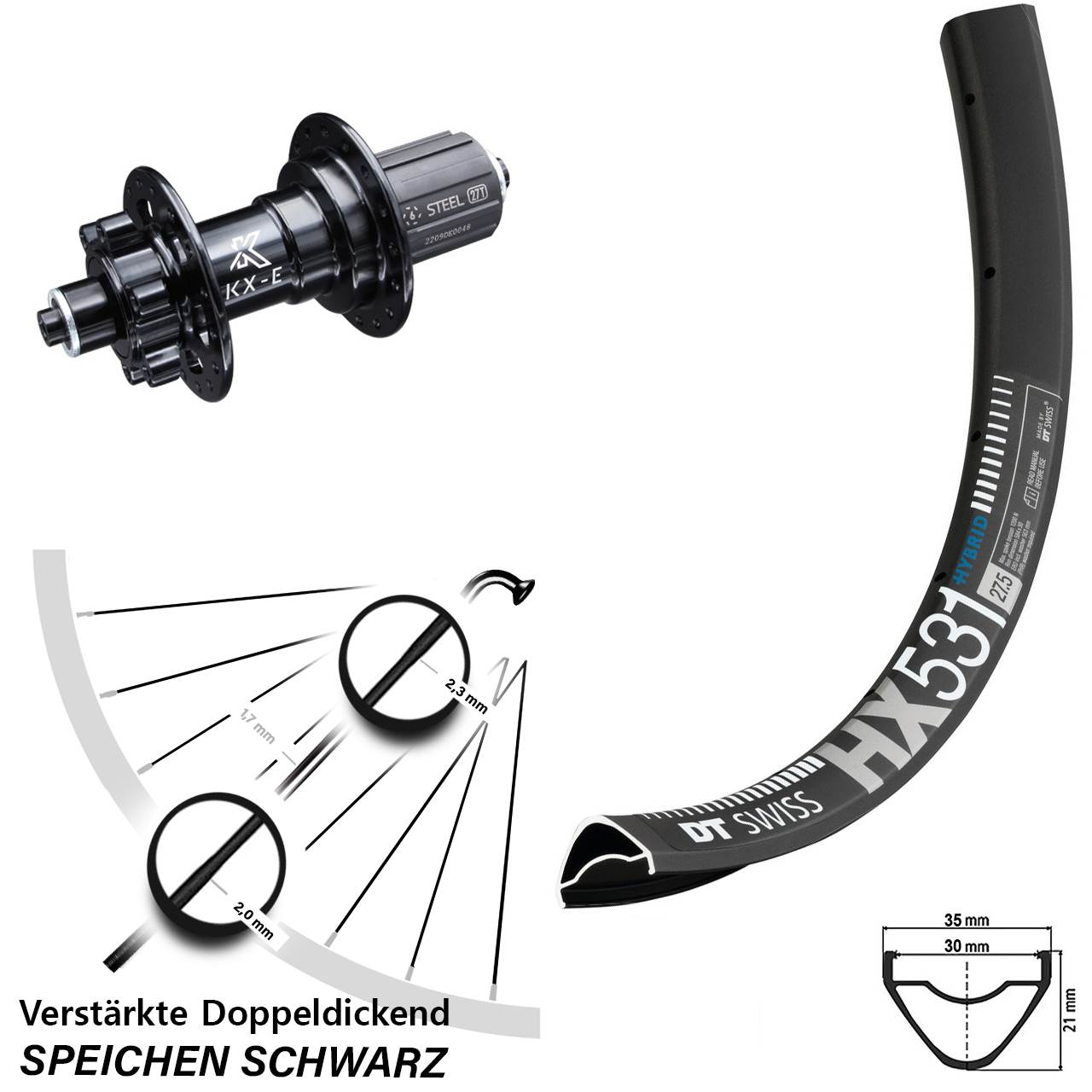 Disc Hinterrad QR 27,5 Zoll DT Swiss HX531 KX-E Stahl Freilauf 8-12 fach