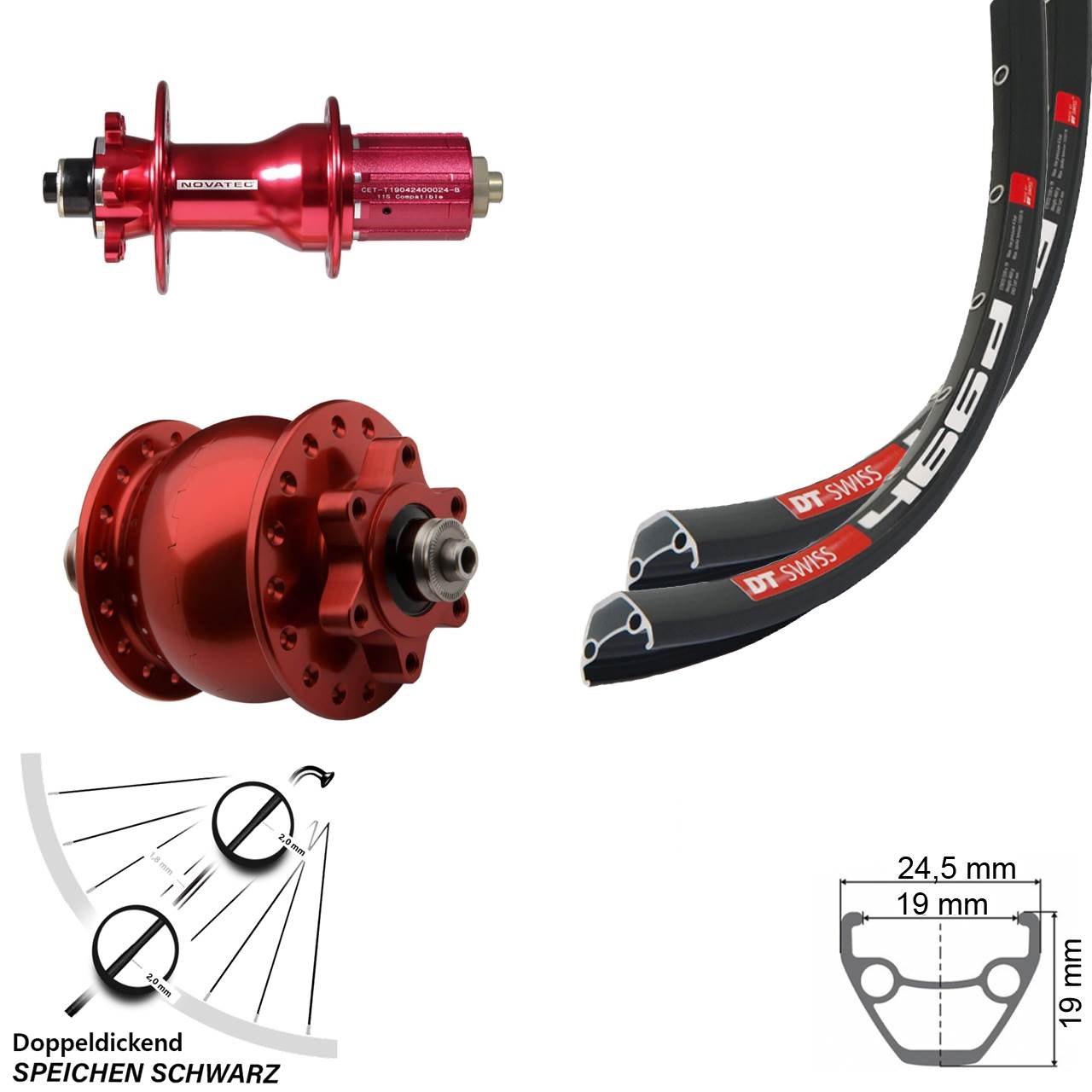 Laufradsatz 6-Loch QR 29 Zoll DT Swiss 466 Novatec D792 SON 28 rot 8-12 fach HG
