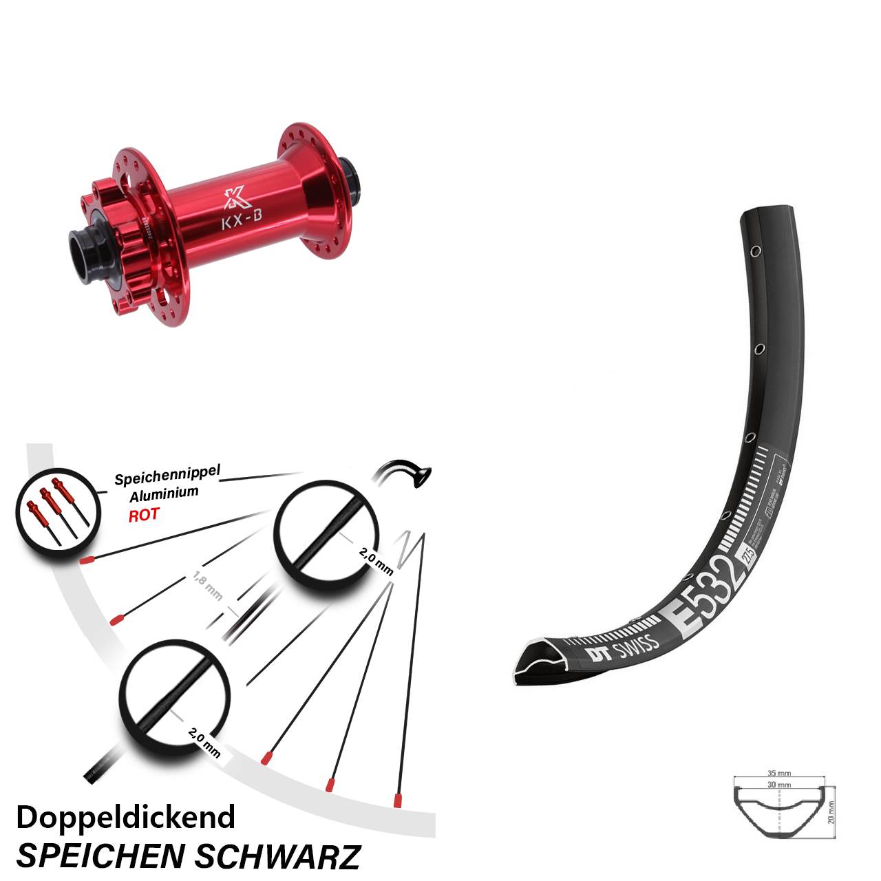 27,5 Zoll Vorderrad DT Swiss E 532 KX-B rot 6-Loch Boost