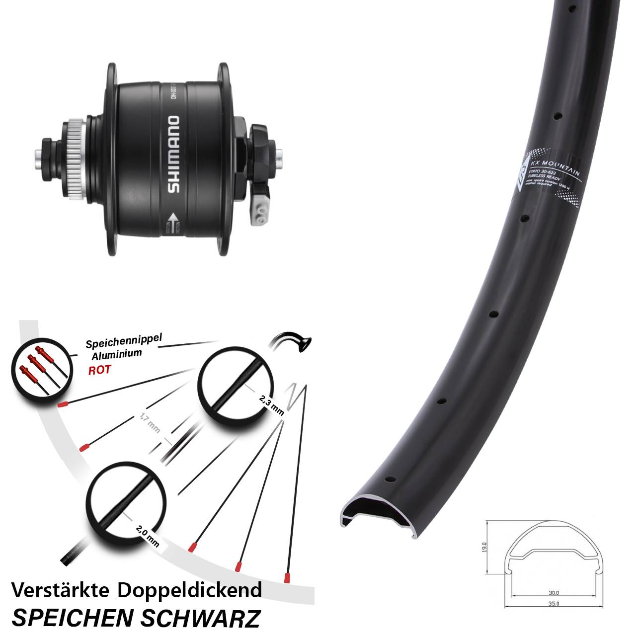 Nabendynamovorderrad Centerlock QR 29 Zoll KX Mountain TR Shimano DH-3D37