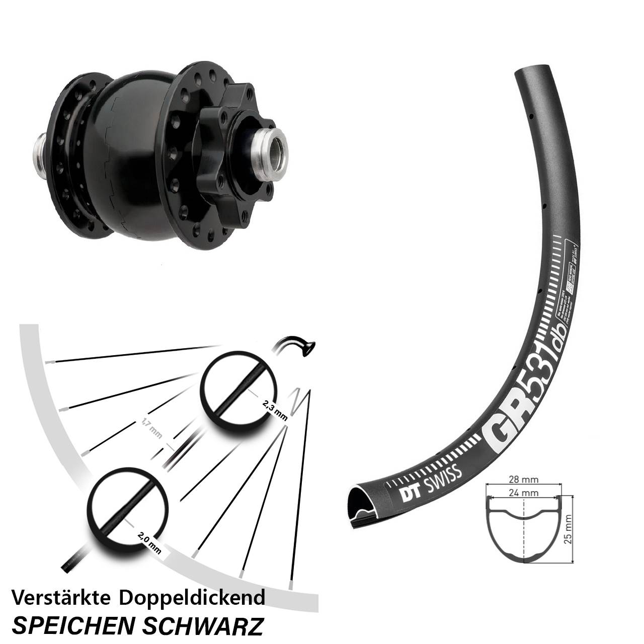 Nabendynamovorderrad 6-Loch 12x100 28-29 Zoll DT Swiss GR 531 SON 28