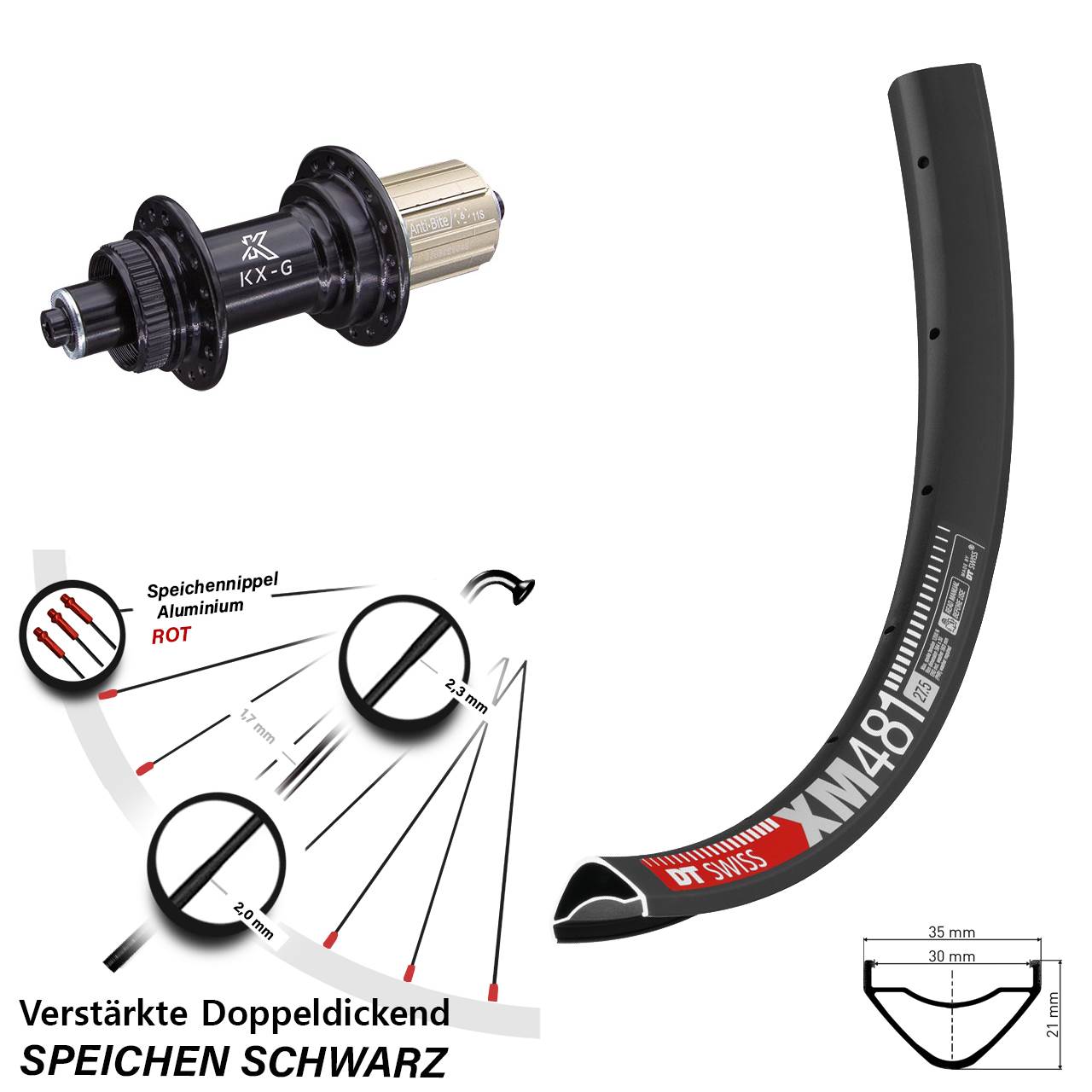 27,5 Zoll DT Swiss XM 481 KX-G Disc Hinterrad QR 8-12 fach HG