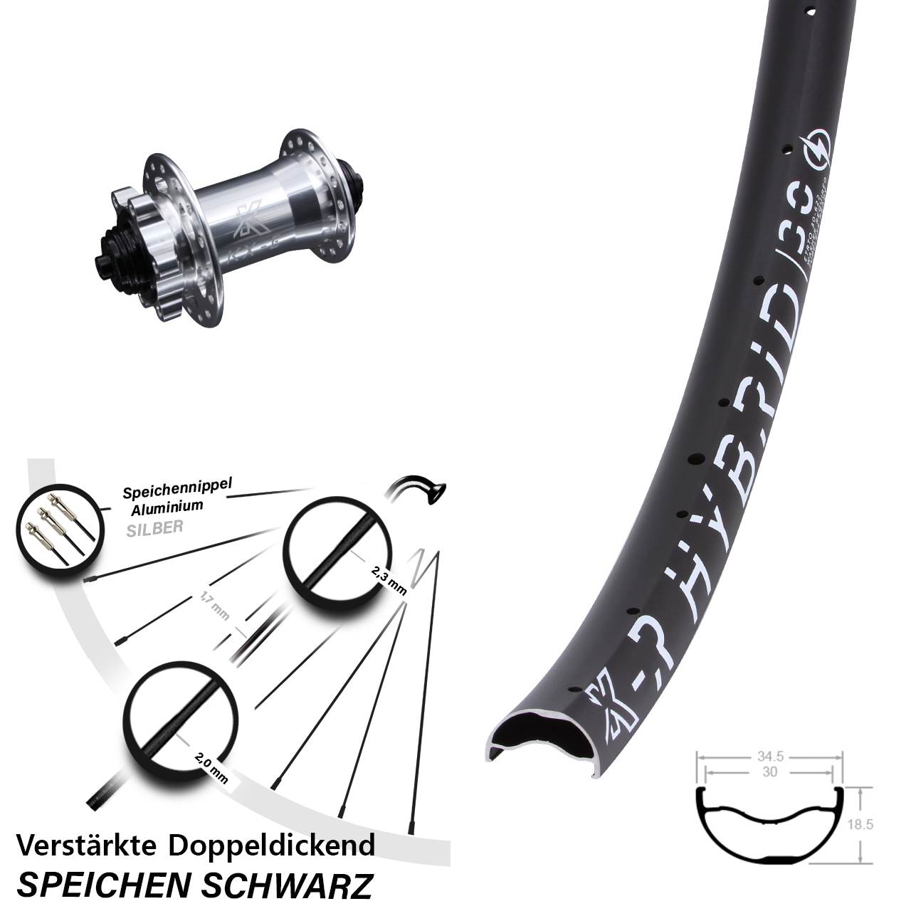 29 Zoll Vorderrad E-Bike silbern breit KX-ER Hybrid 30 Disc Schnellspanner verstärkt