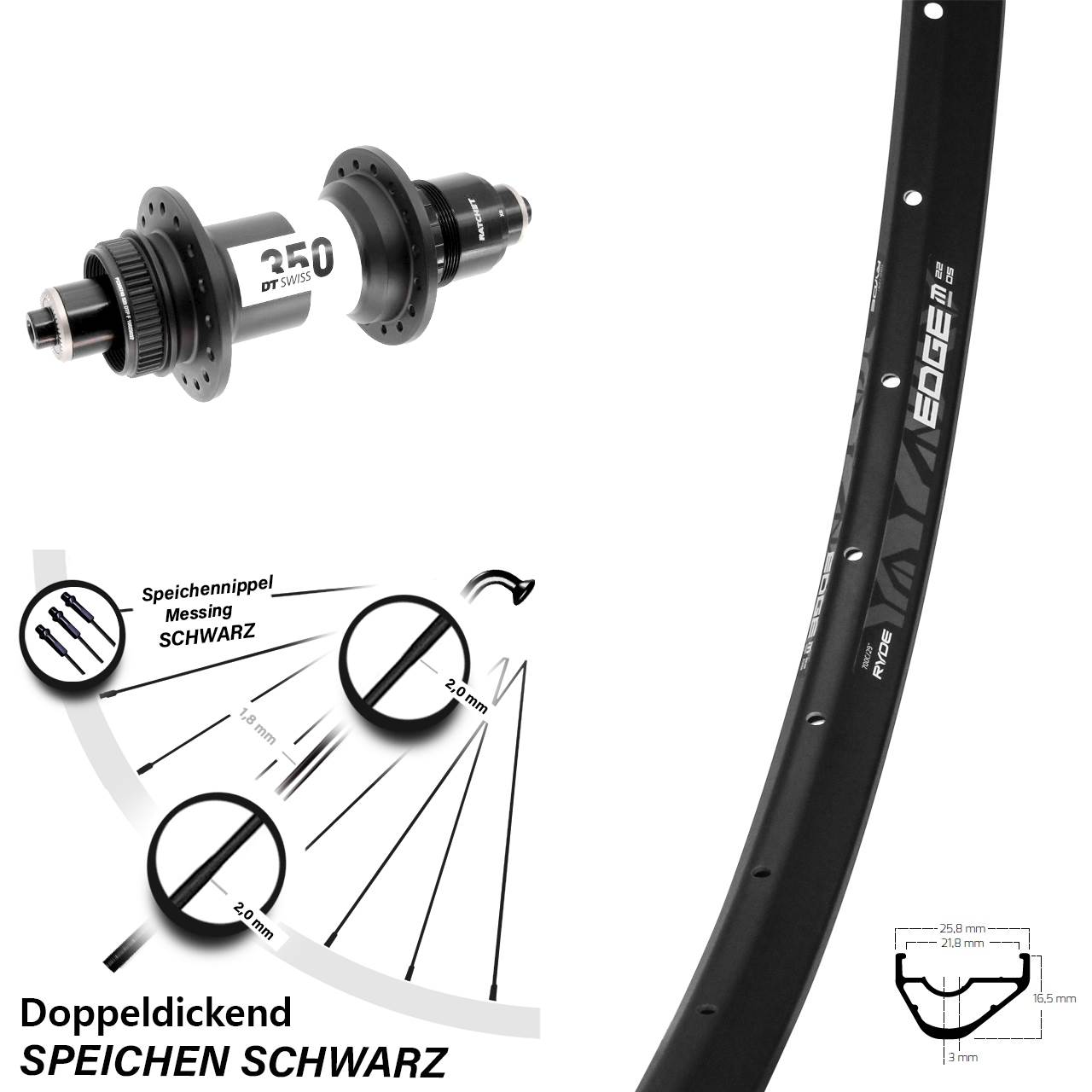 Disc Hinterrad 28-29 Zoll Ryde Edge M22 OS DT Swiss 350 XD 11-12 fach QR Boost