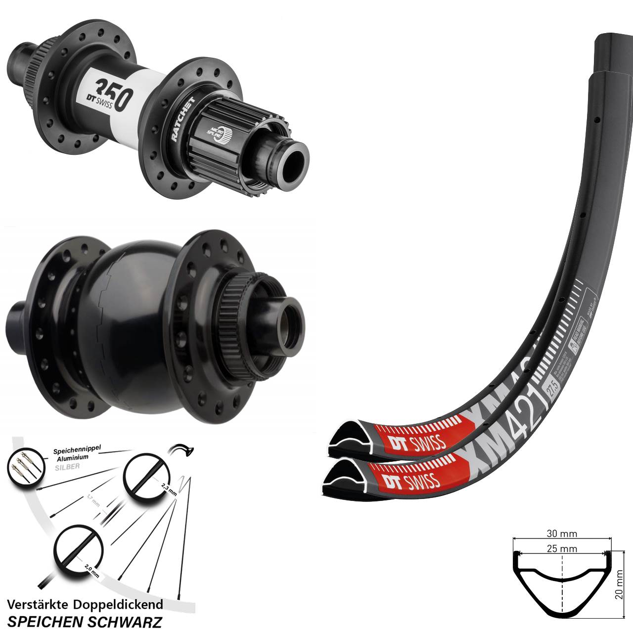 Disc Laufradsatz 27,5 Zoll DT Swiss XM421-350 Ratchet 36 SON 28 Micro Spline Boost
