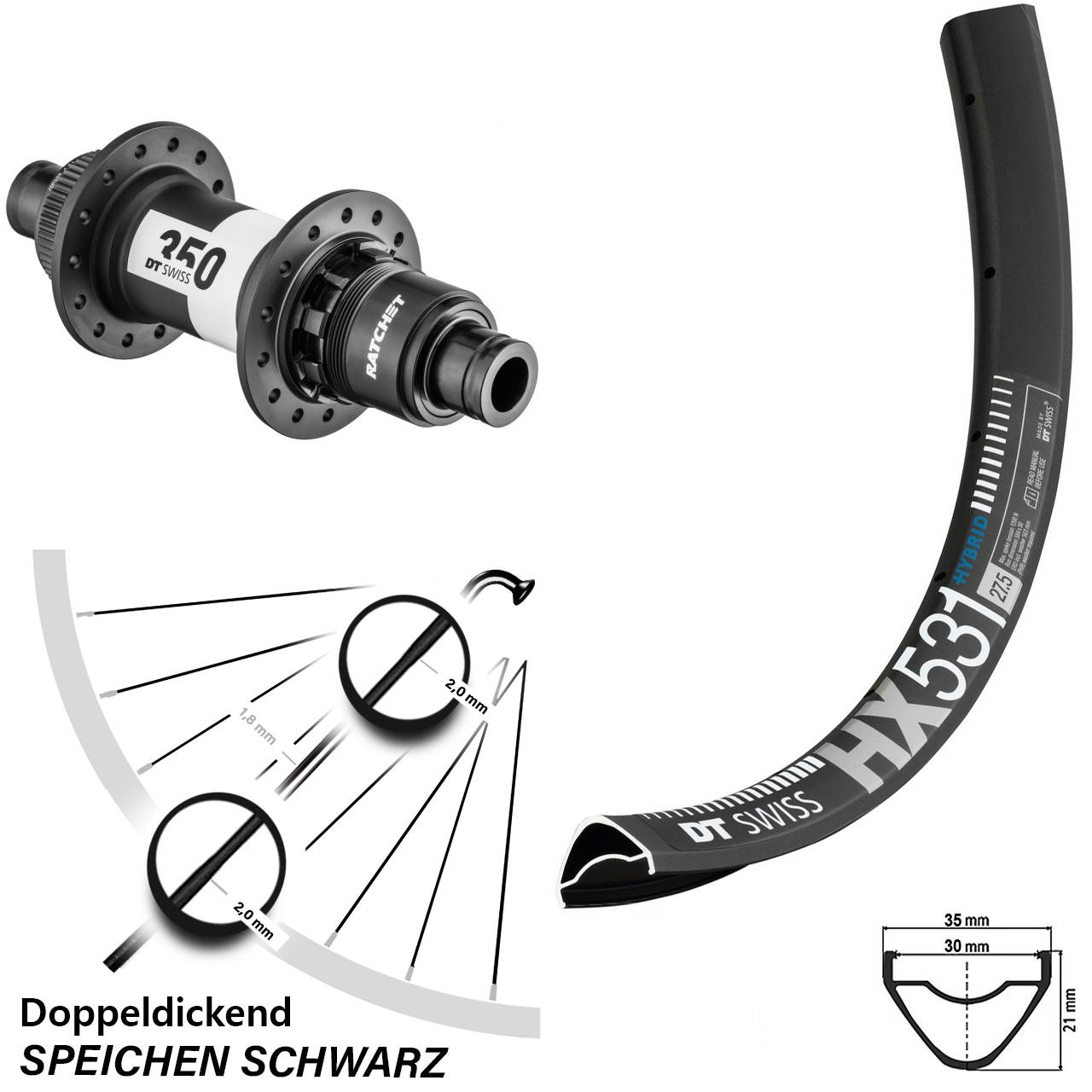 Hinterrad 29 Zoll DT Swiss HX 531 DB 350 Hinterradnabe Centerlock Sram XD 12 mm Steckachse