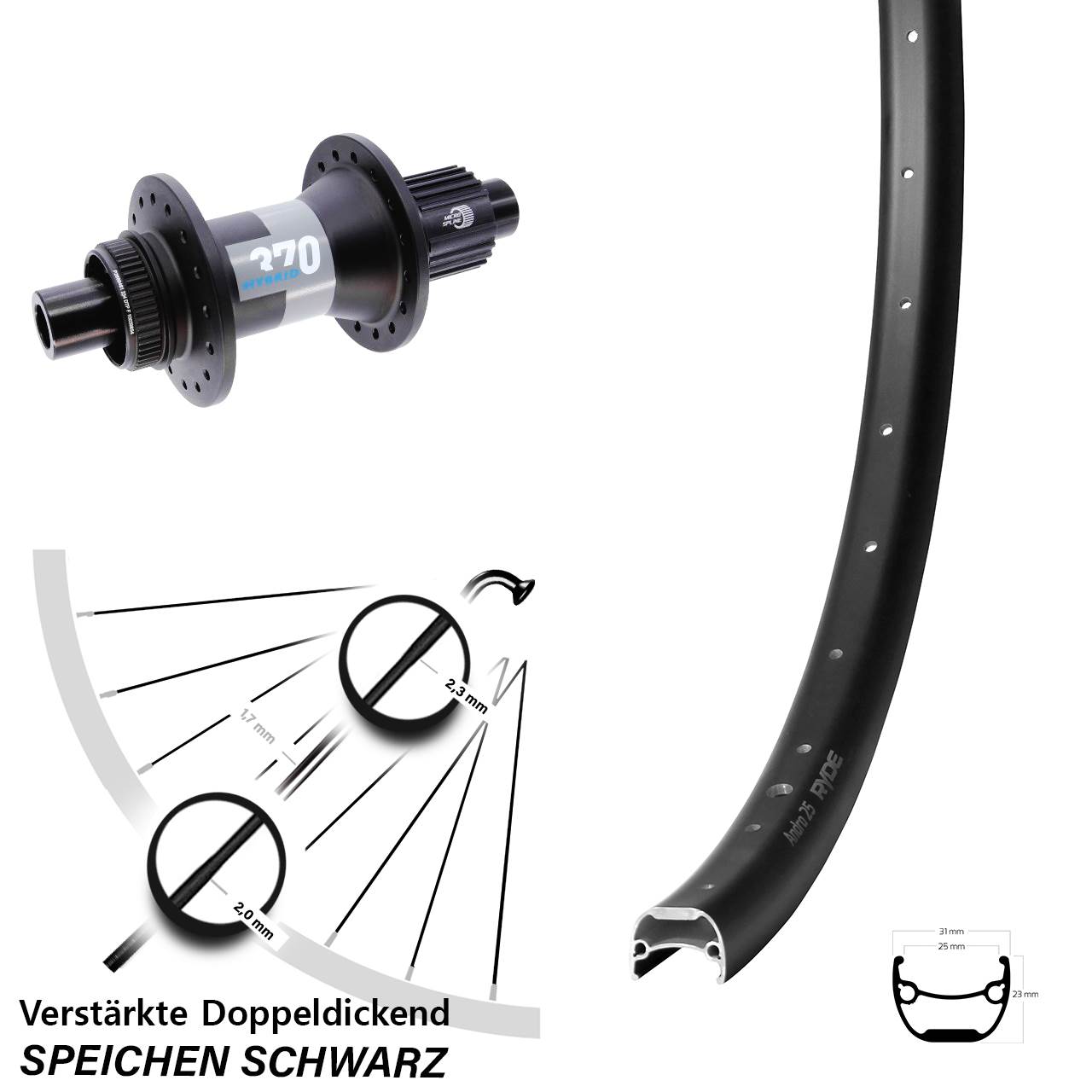 Centerlock Hinterrad 12x148 29 Zoll Ryde Andra 25 DT Swiss 370 Hybrid Shimano Micro Spline