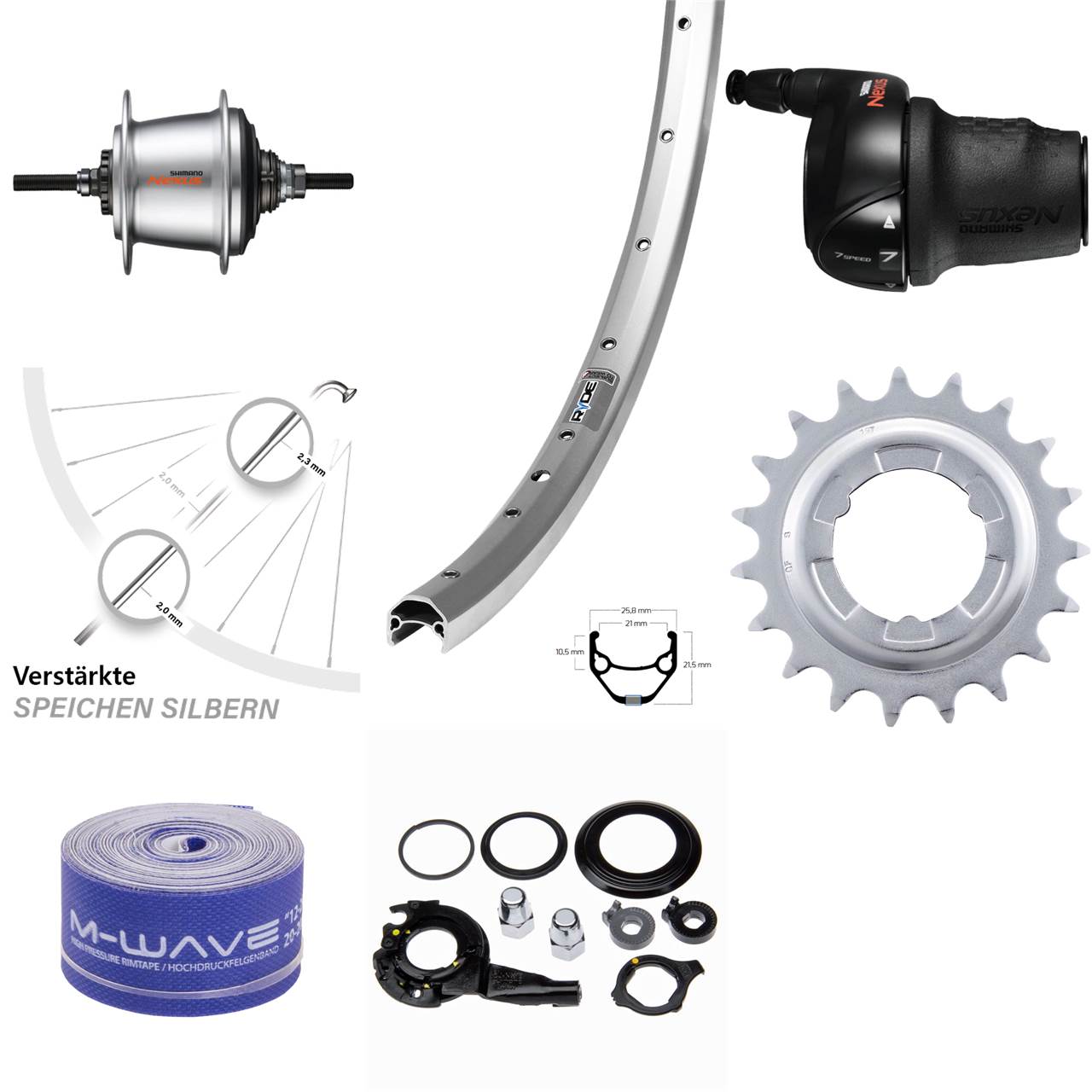 26 Zoll Hinterrad Ryde Zac 421 silbern Shimano Nexus SG-C3001 7 Gang Freilauf