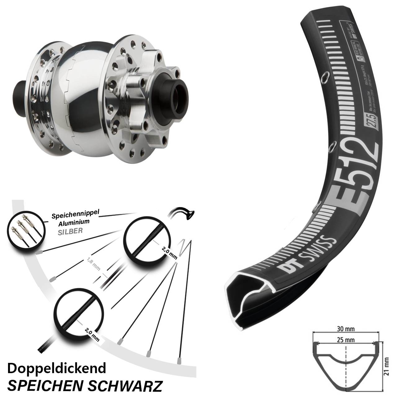 6-Loch Dynamo-Vorderrad 27,5 Zoll DT Swiss E512 SON 28 poliert 15x100