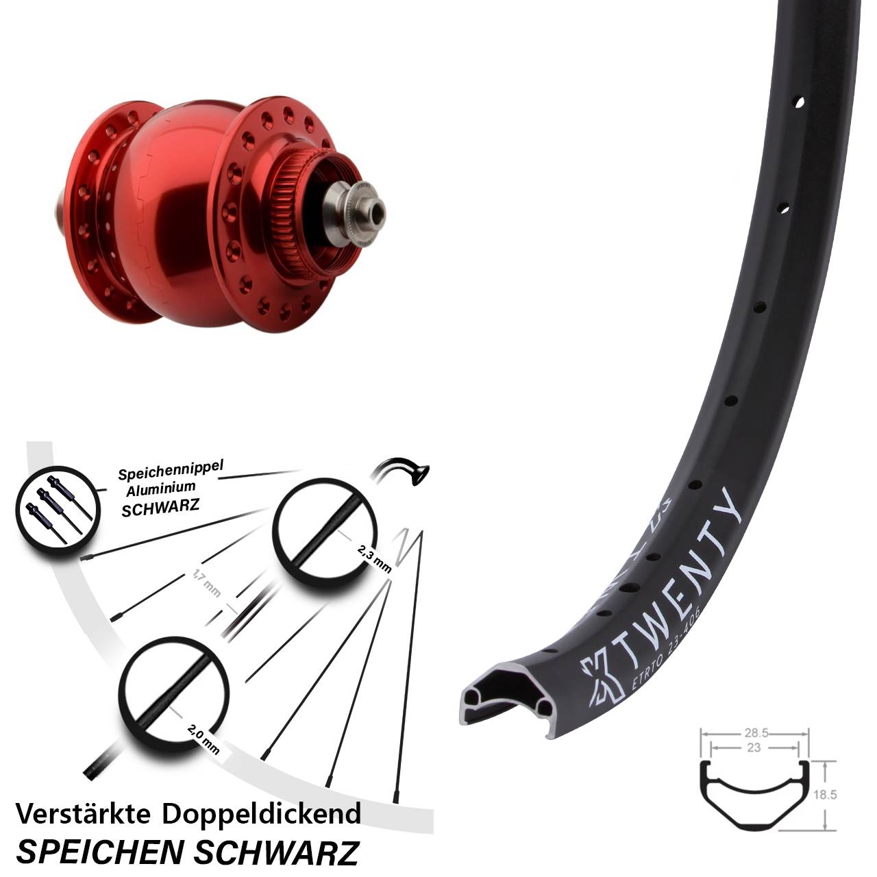 Vorderrad 20 Zoll KX Twenty schwarz SON Delux Nabendynamo rot verstärkt Centerlock
