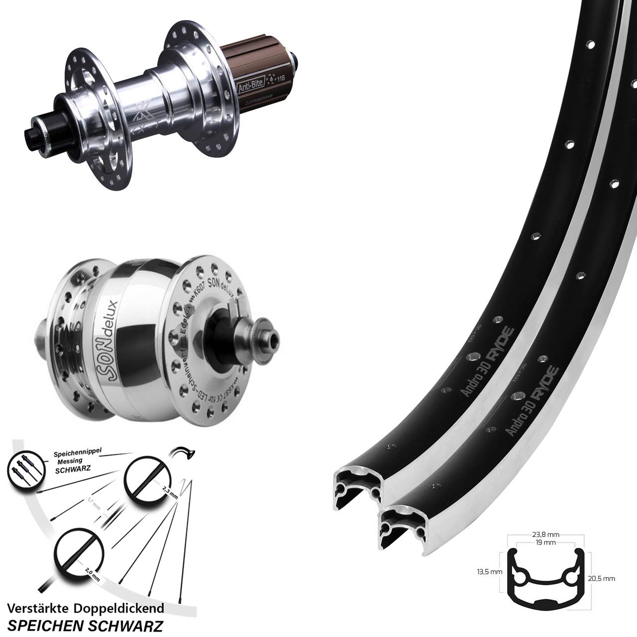 26 Zoll Ryde Andra 30 KX-T SON delux 8-12 fach Laufradsatz 5x100/130