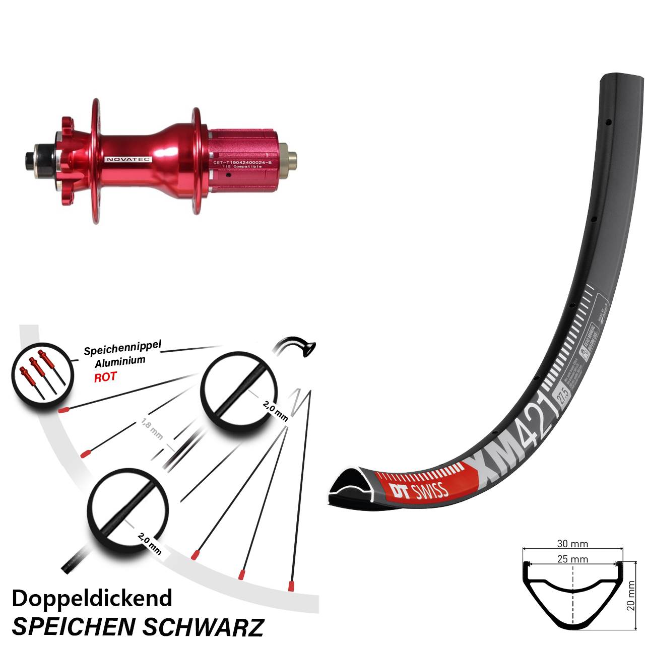 Disc Laufrad 27,5 Zoll DT Swiss XM 421 Novatec D792 8-12 fach HG für Schnellspanner