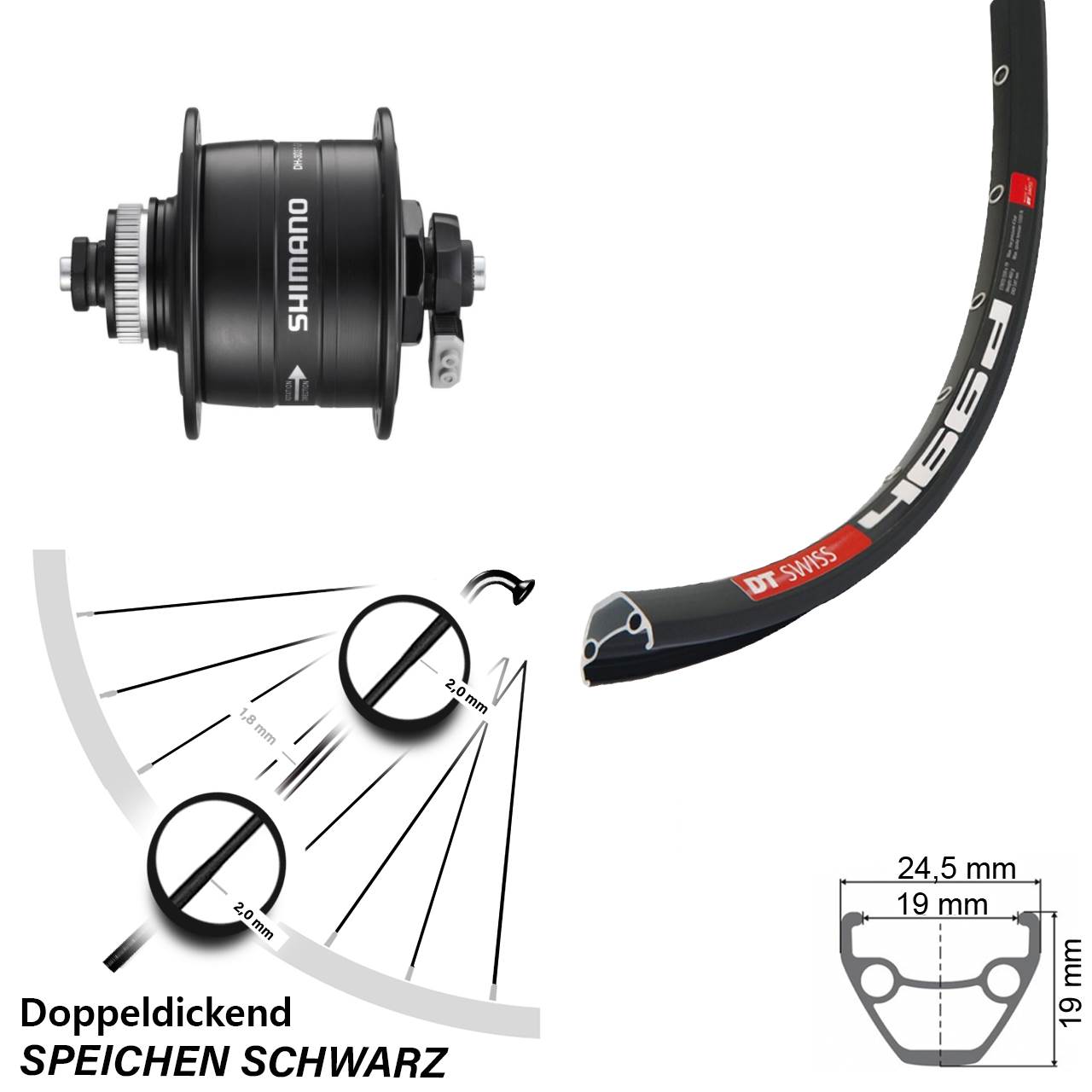 Nabendynamo-Vorderrad Centerlock 28 Zoll DT Swiss 466 Shimano DH-3D37 für Schnellspanner
