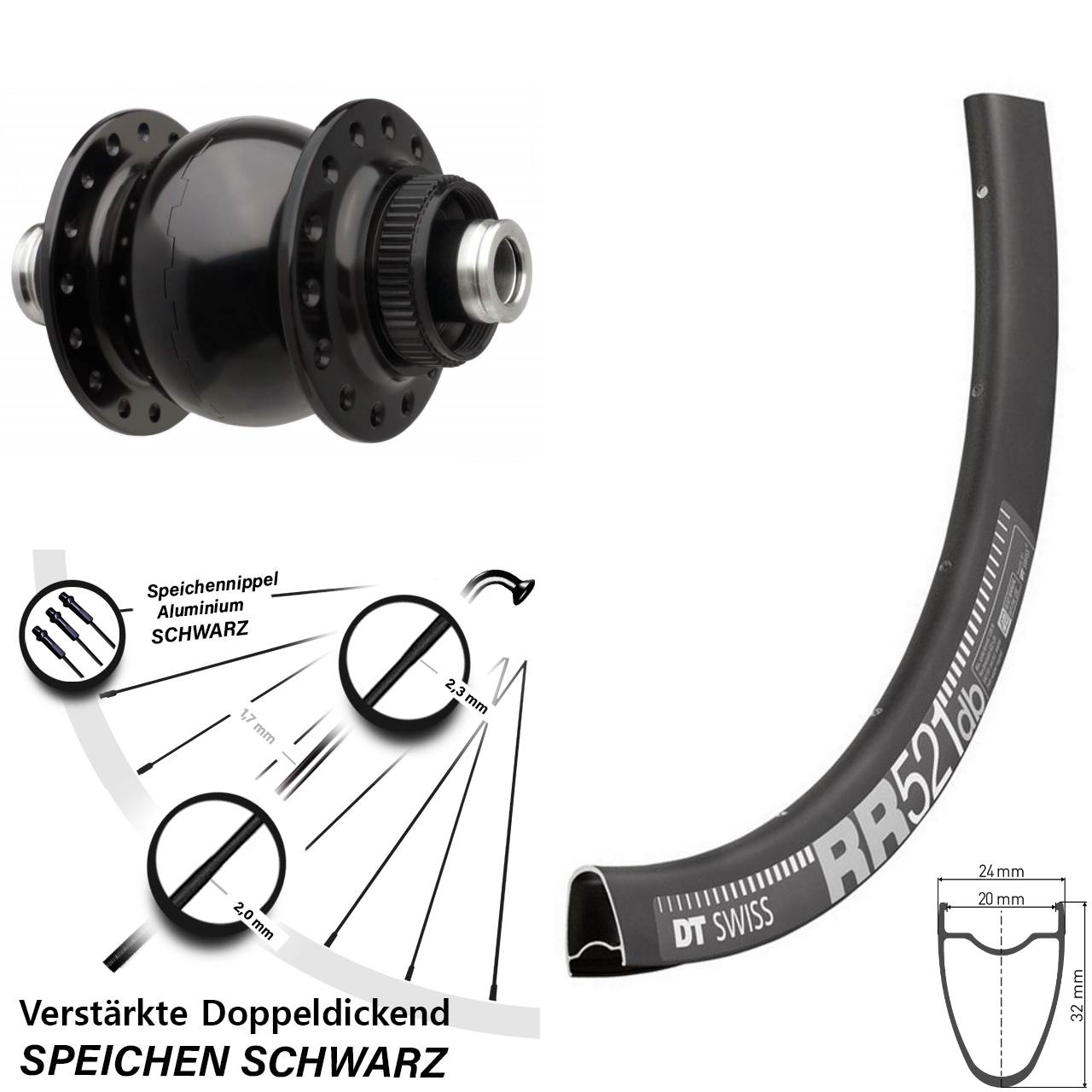 Vorderrad mit Nabendynamo SON 28-12 Boost 110 mm DT Swiss RR 521 DB 28 Zoll verstärkt